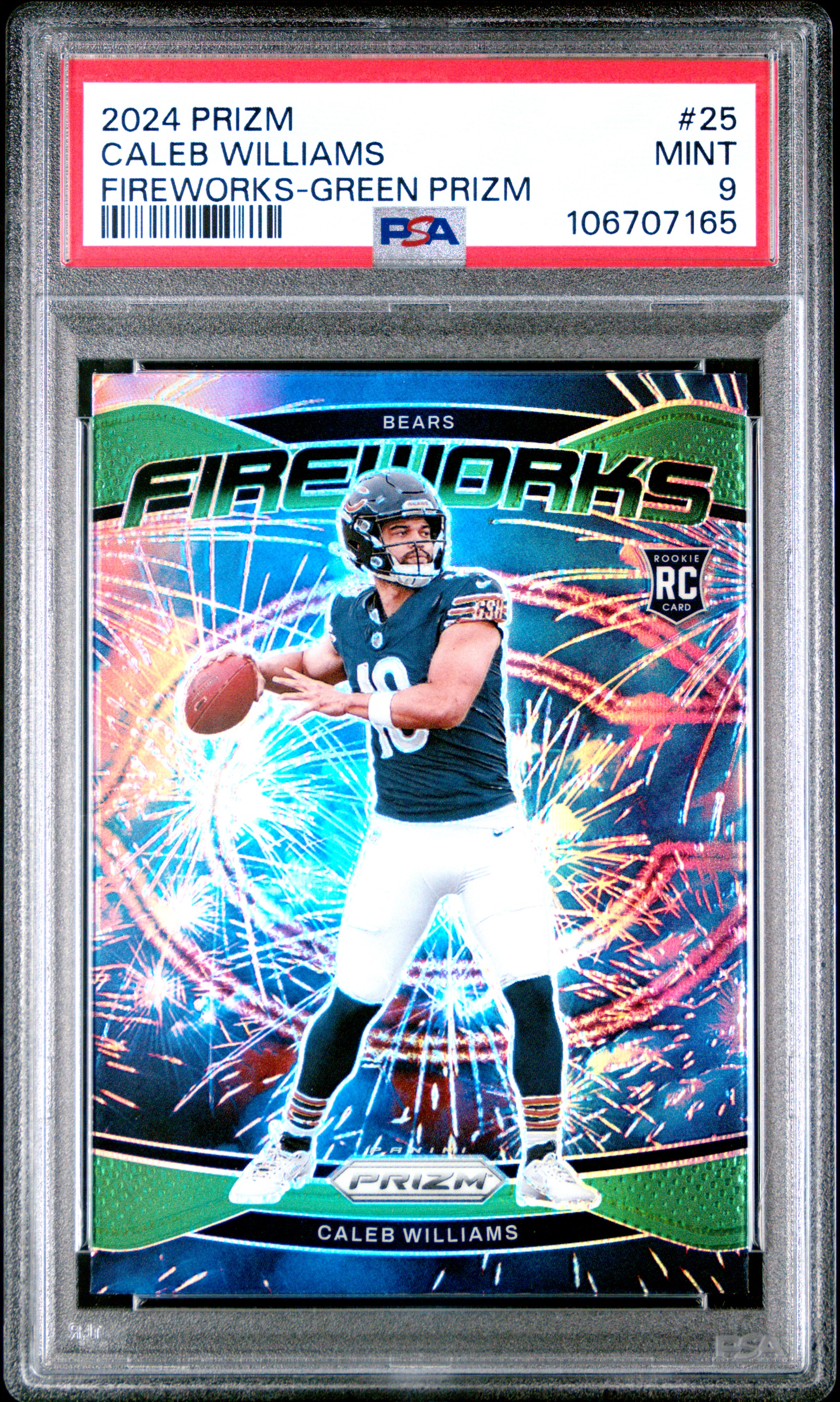 2024 Panini Prizm Fireworks Caleb Williams #25 (Fireworks-Green Prizm) Mint 9 front