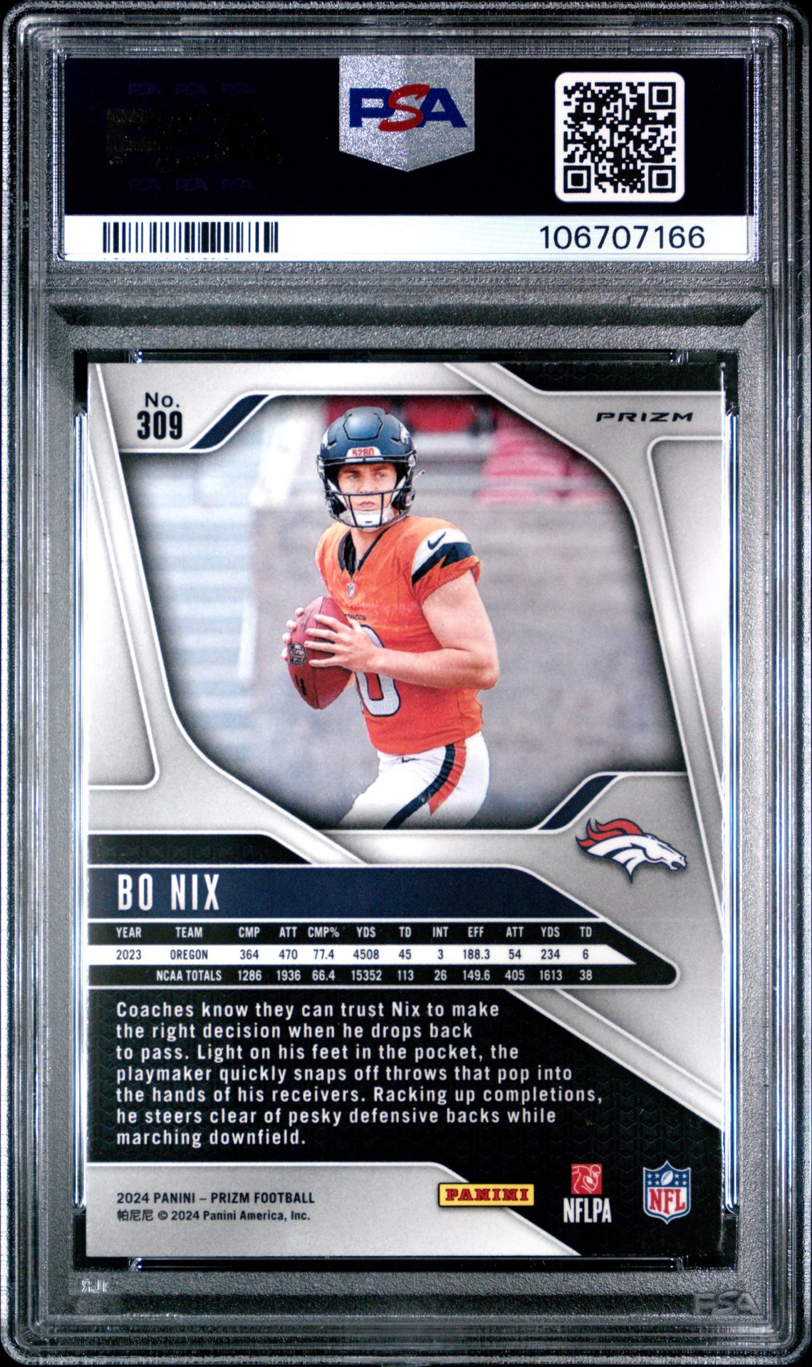 2024 Panini Prizm Bo Nix #309 (Disco Prizm) Mint 9 back