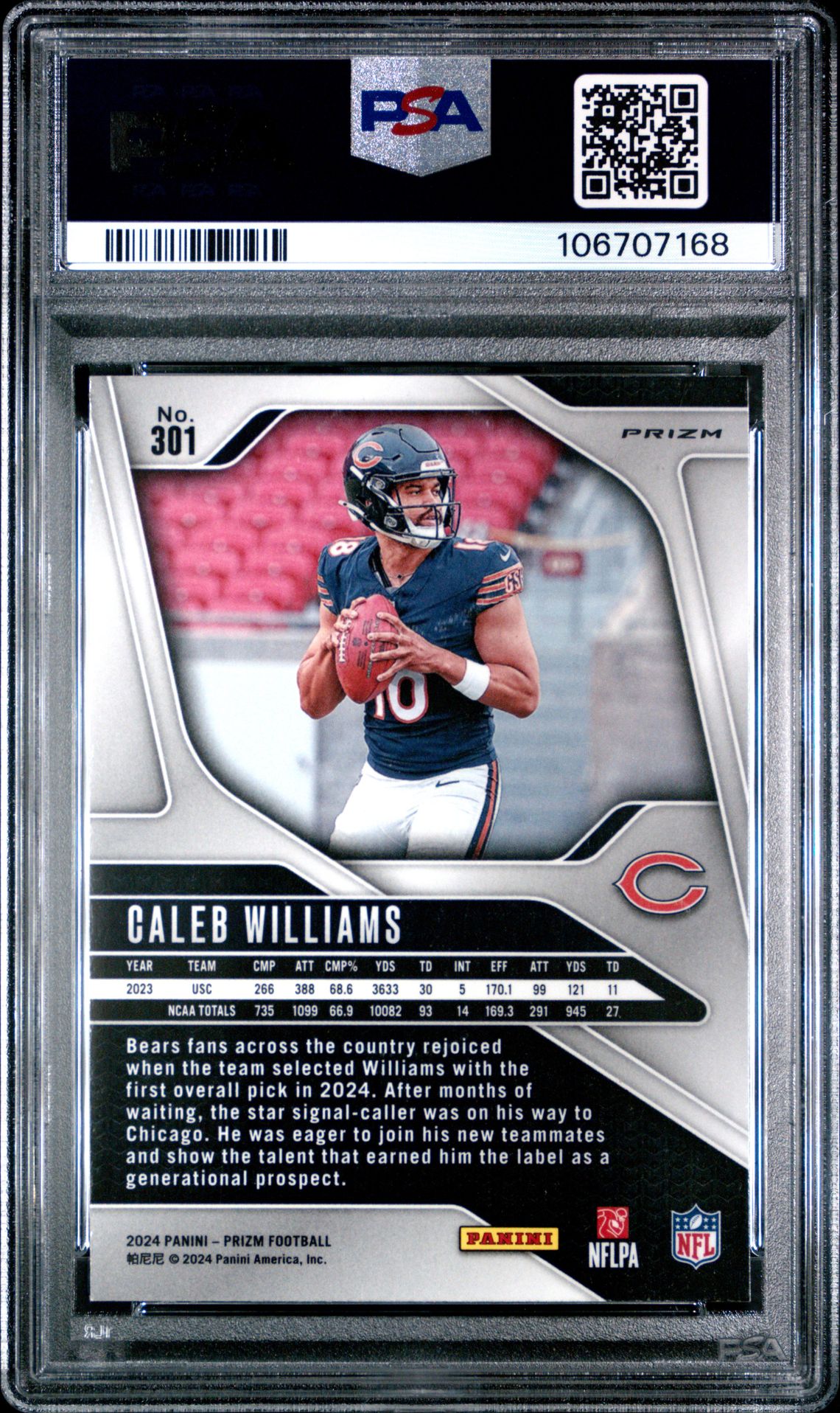 2024 Panini Prizm Caleb Williams #301 (Red/White/Blue Prizm) Mint 9 back