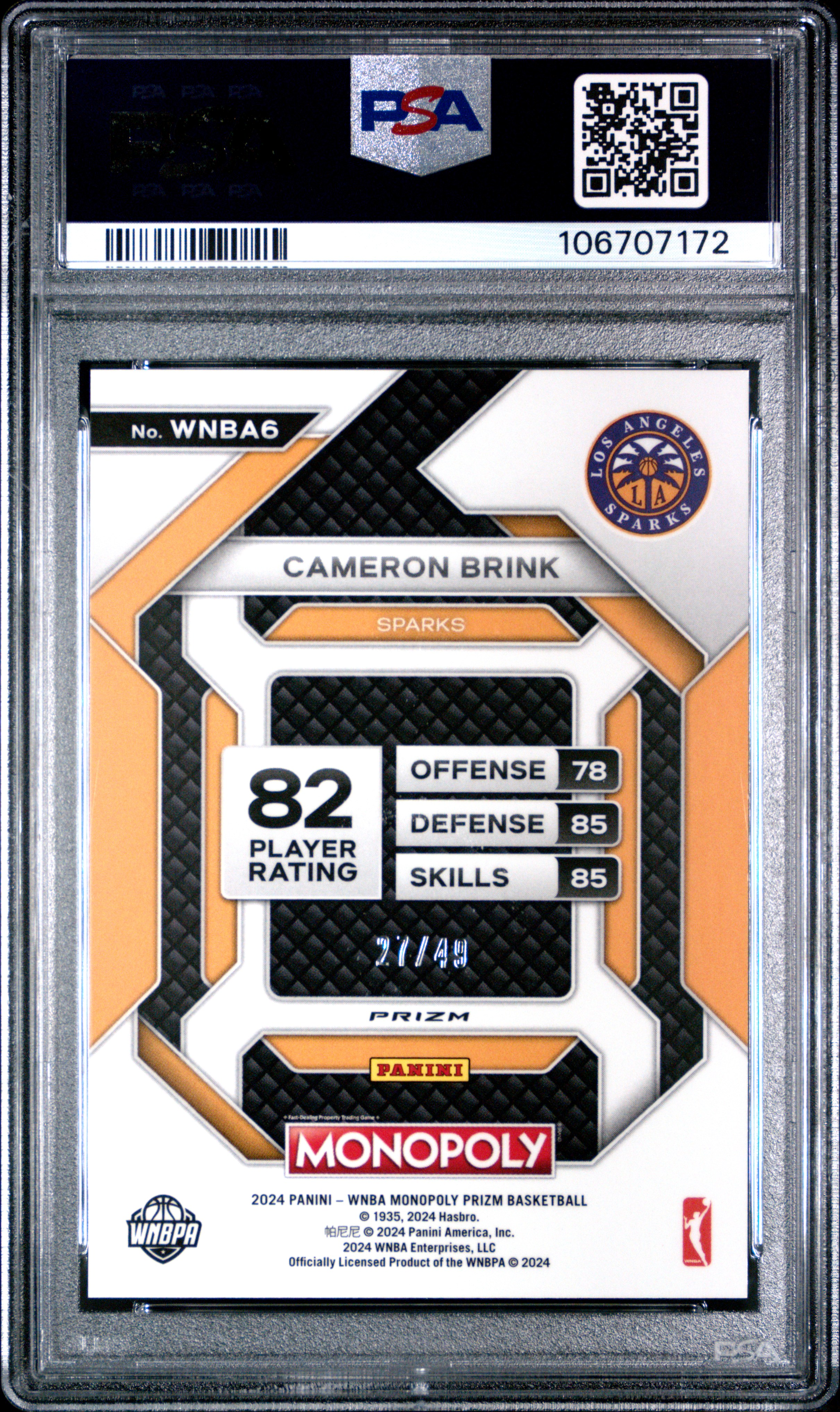 2024 Panini Prizm Monopoly Wnba Insert Cameron Brink #6 (Insert-Gold Prizm) Mint 9 back