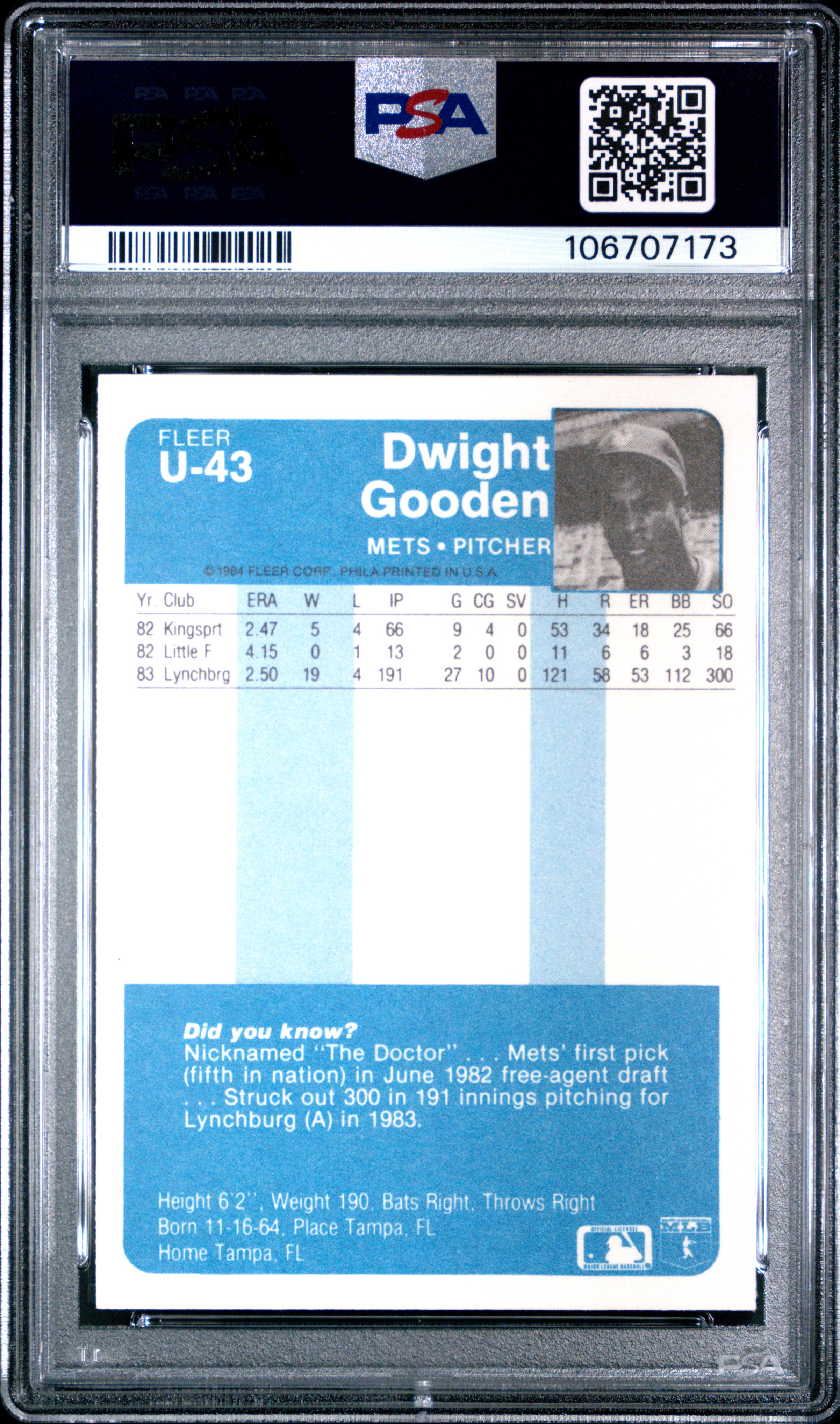 1984 Fleer Update Dwight Gooden #U-43 Mint 9 back