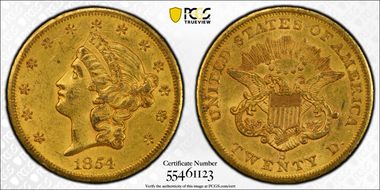 1854-S $20 AU58