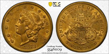 1873-S $20 Open 3 AU58