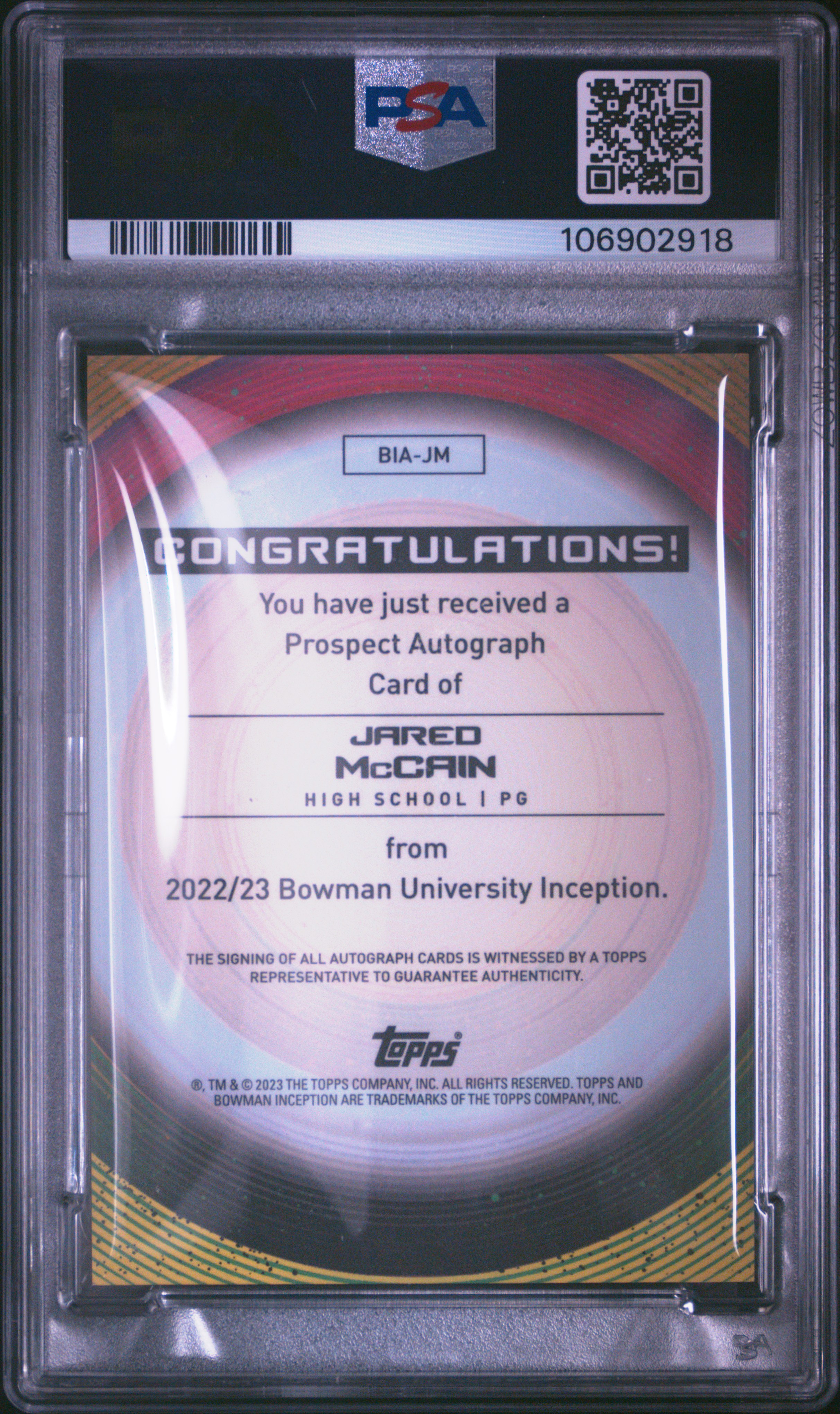 2022 Bowman University Inception Autographs Jared Mccain #Jm (Autograph) Gem Mt 10 back