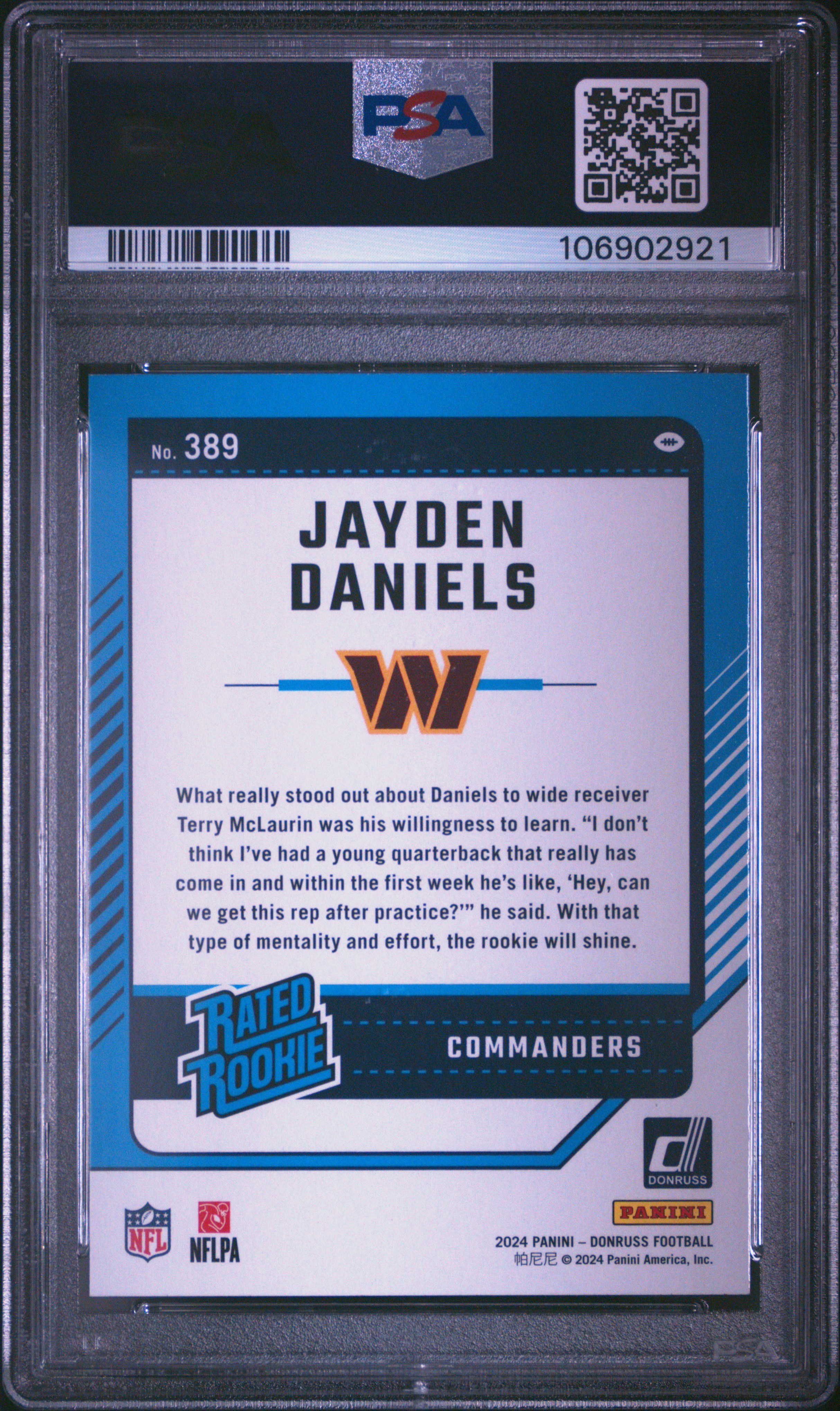 2024 Panini Donruss Jayden Daniels #389 Gem Mt 10 back