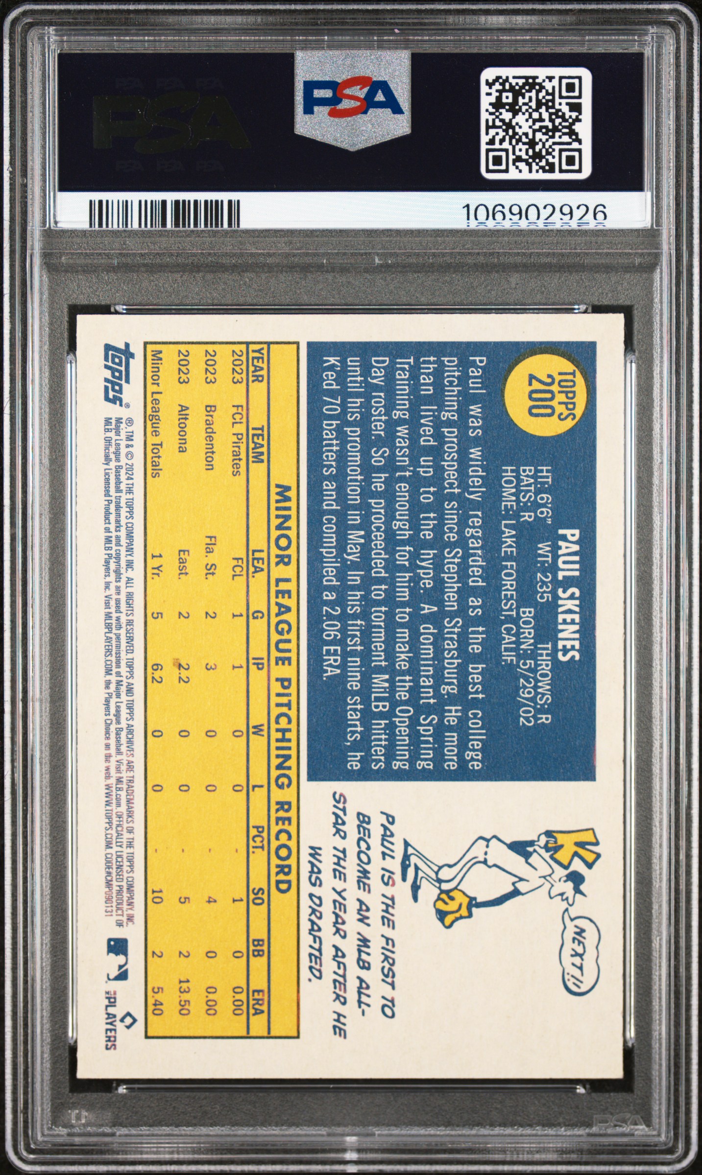 2024 Topps Archives Paul Skenes #200 Gem Mt 10 back