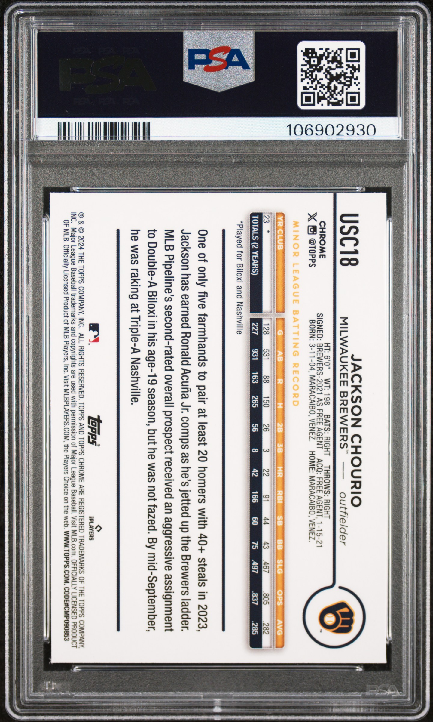 2024 Topps Chrome Update Jackson Chourio #Usc18 (Sp) Mint 9 back