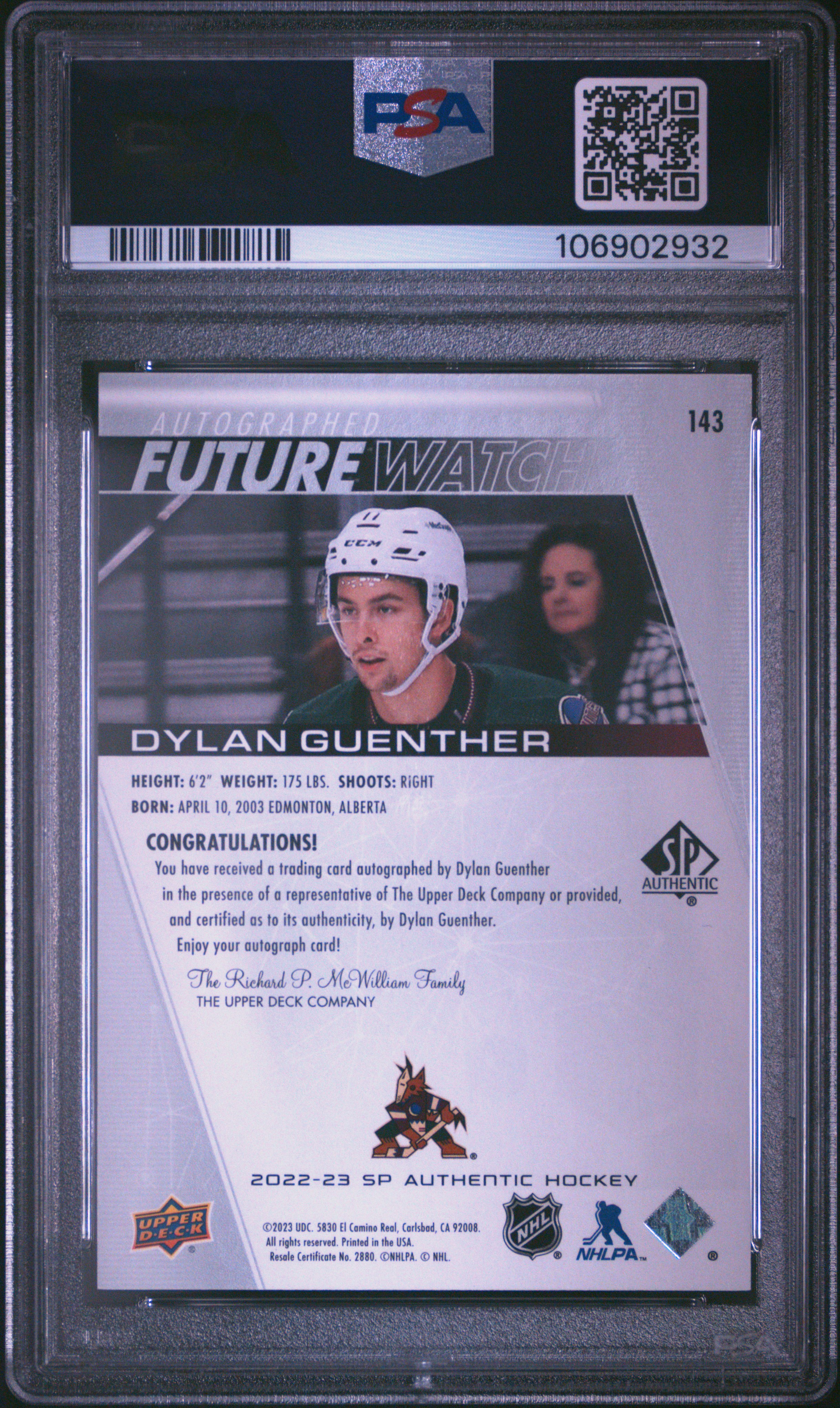 2022 Sp Authentic Dylan Guenther #143 (Autograph) Mint 9 back