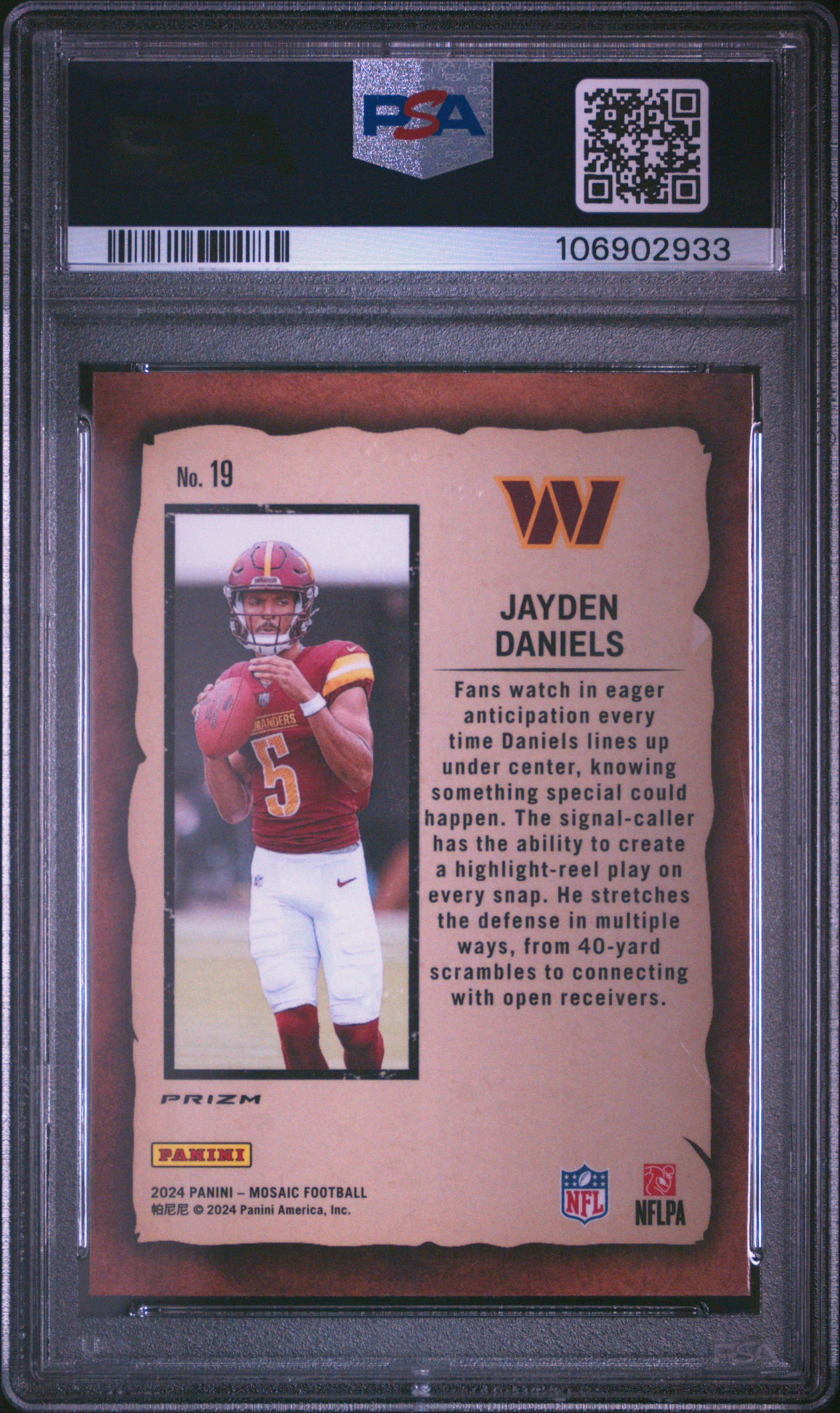2024 Panini Mosaic Notoriety Jayden Daniels #19 (Notoriety-Green) Gem Mt 10 back