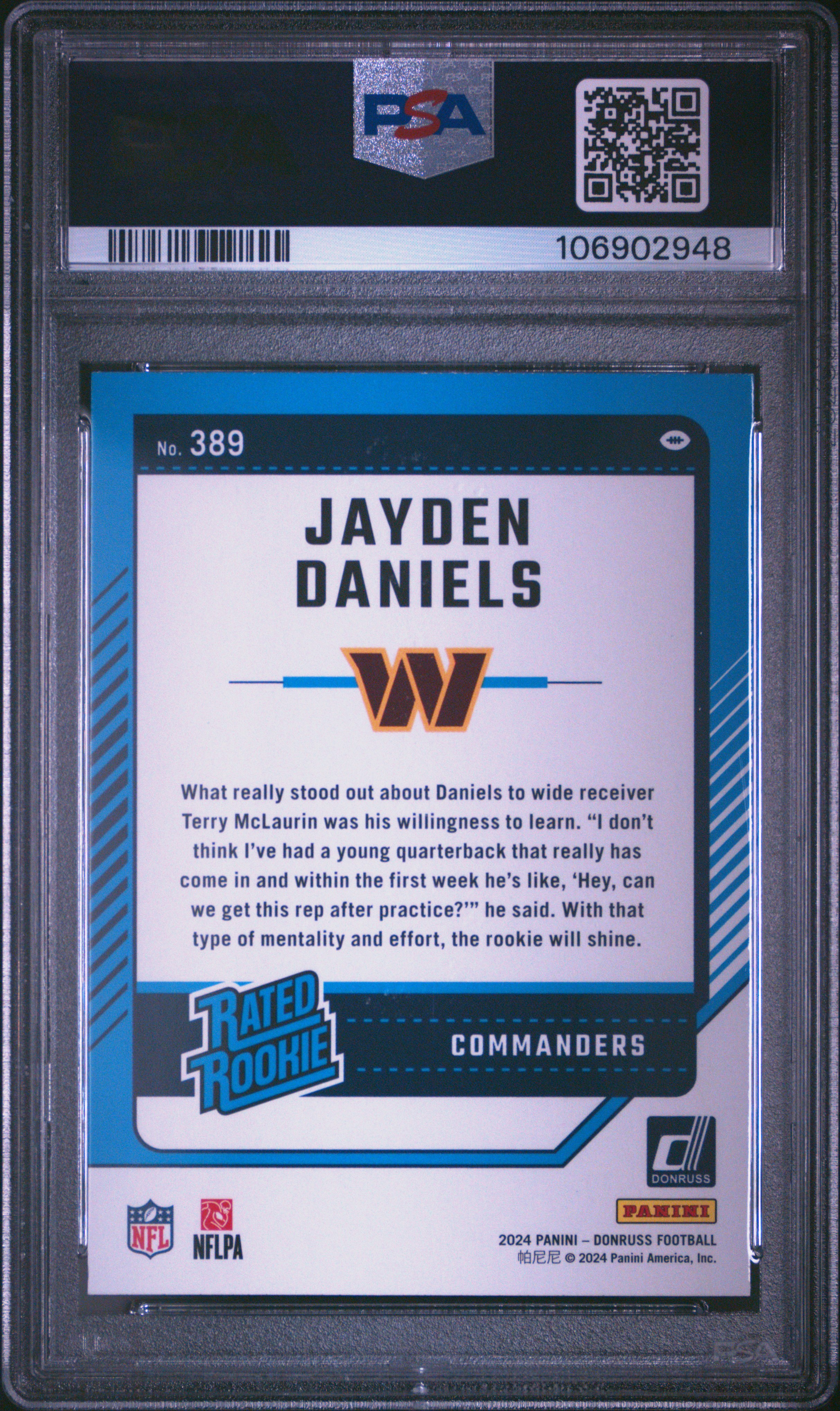 2024 Panini Donruss Jayden Daniels #389 Gem Mt 10 back