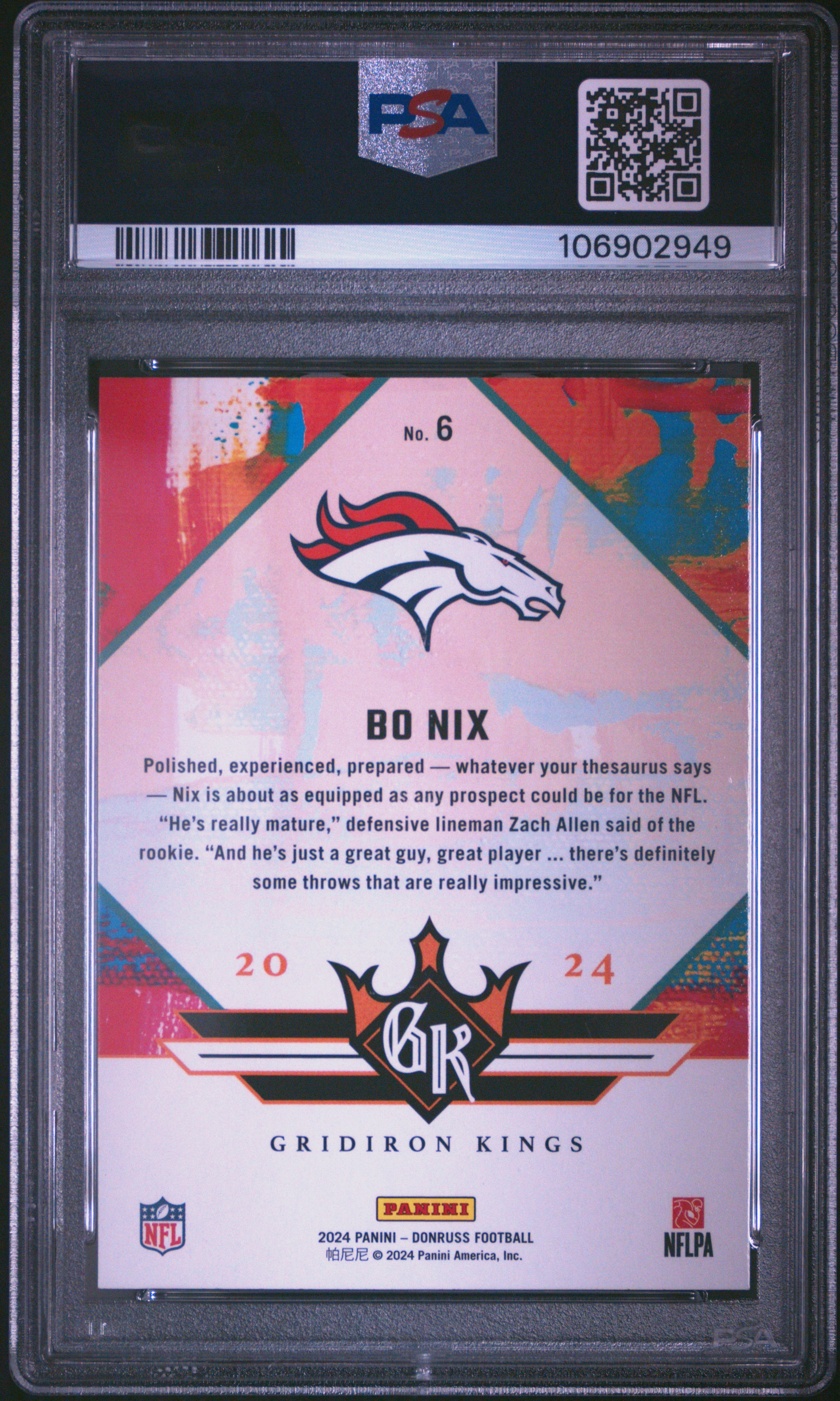 2024 Panini Donruss Rookie Gridiron Kings Bo Nix #6 Gem Mt 10 back