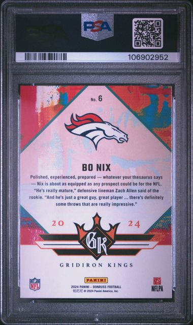 2024 Panini Donruss Rookie Gridiron Kings Bo Nix #6 Gem Mt 10 back