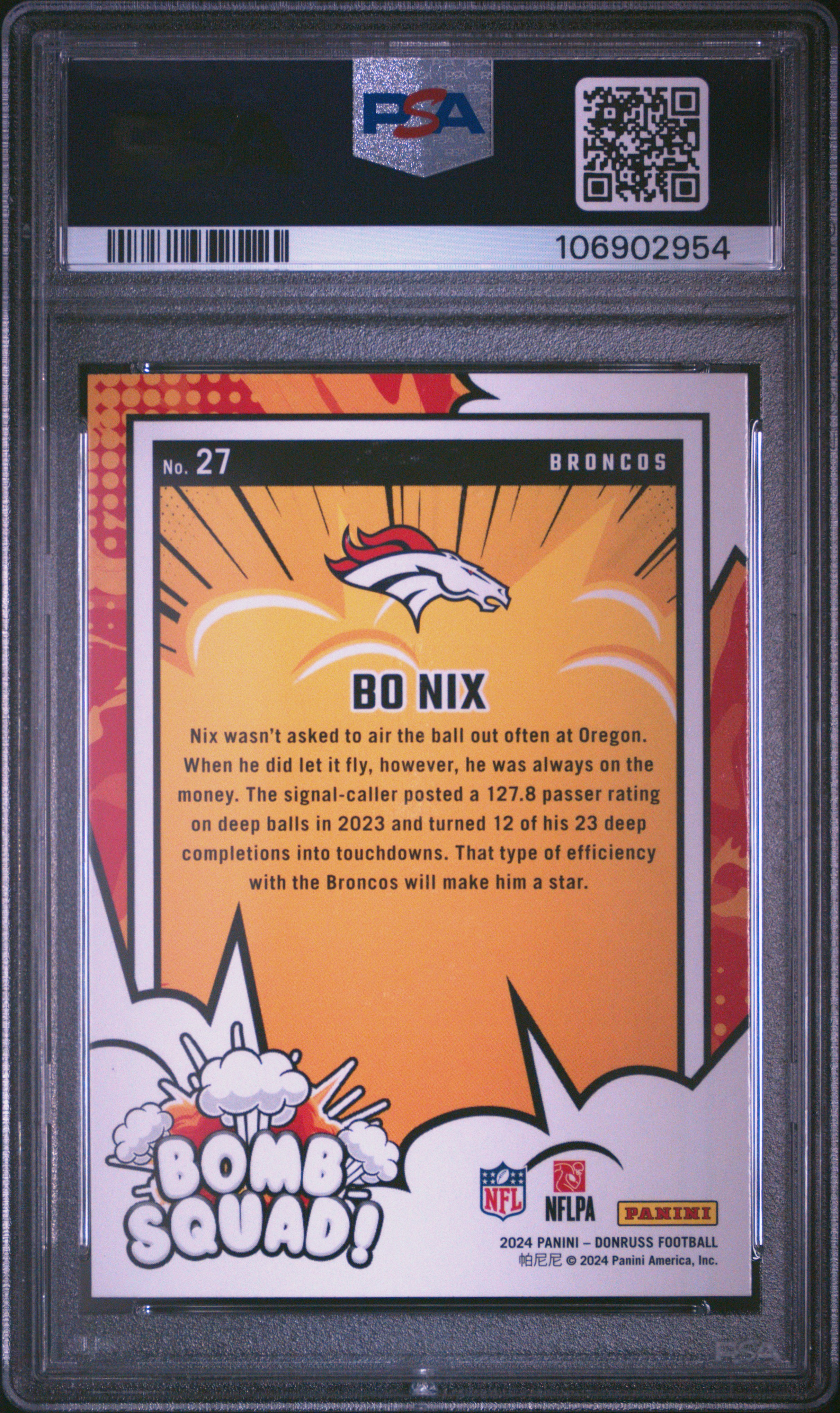 2024 Panini Donruss Bomb Squad Bo Nix #27 Gem Mt 10 back