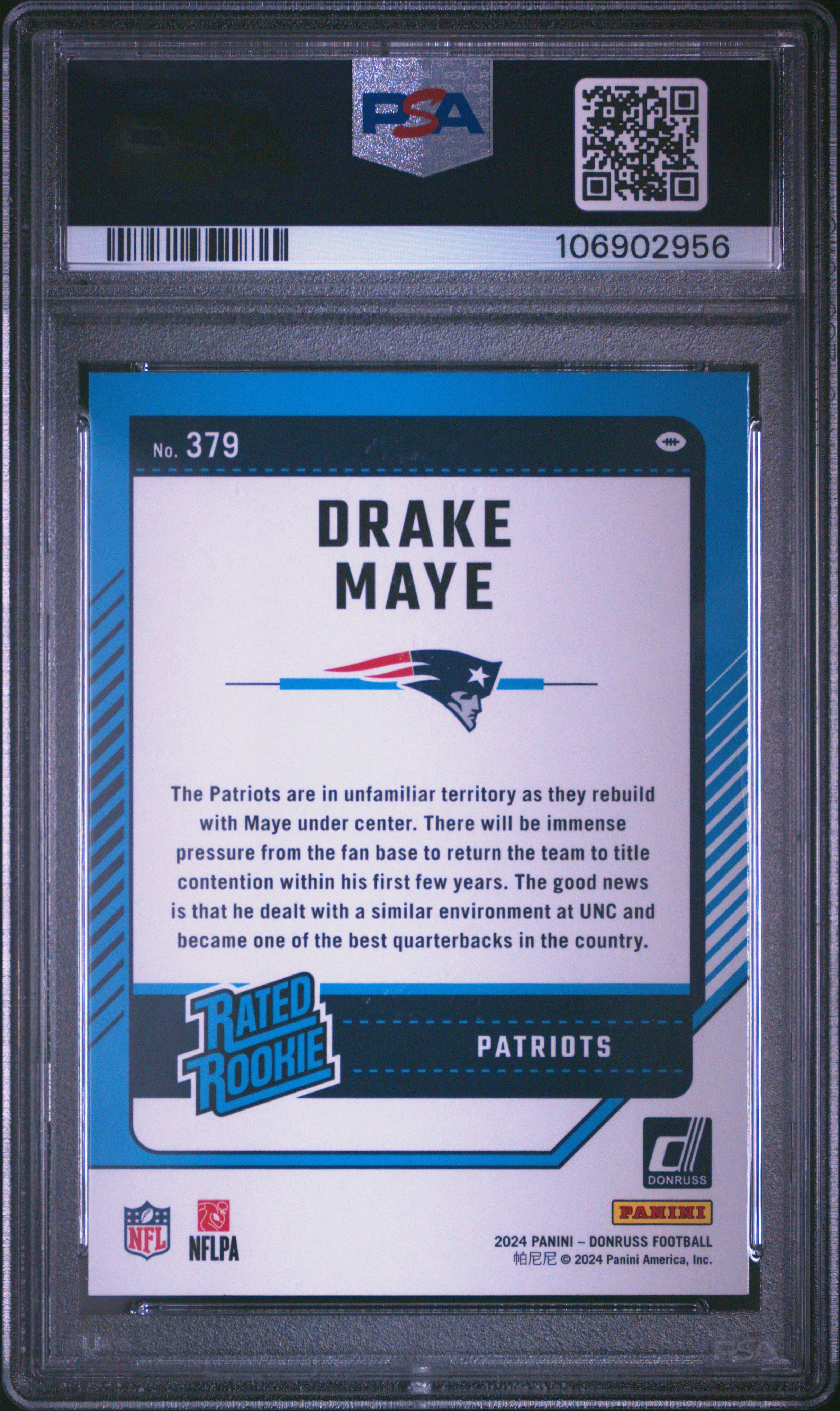 2024 Panini Donruss Drake Maye #379 Gem Mt 10 back