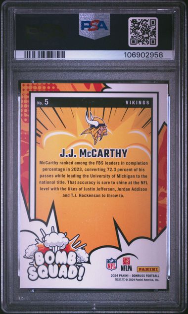 2024 Panini Donruss Bomb Squad Jj Mccarthy #5 Gem Mt 10 back