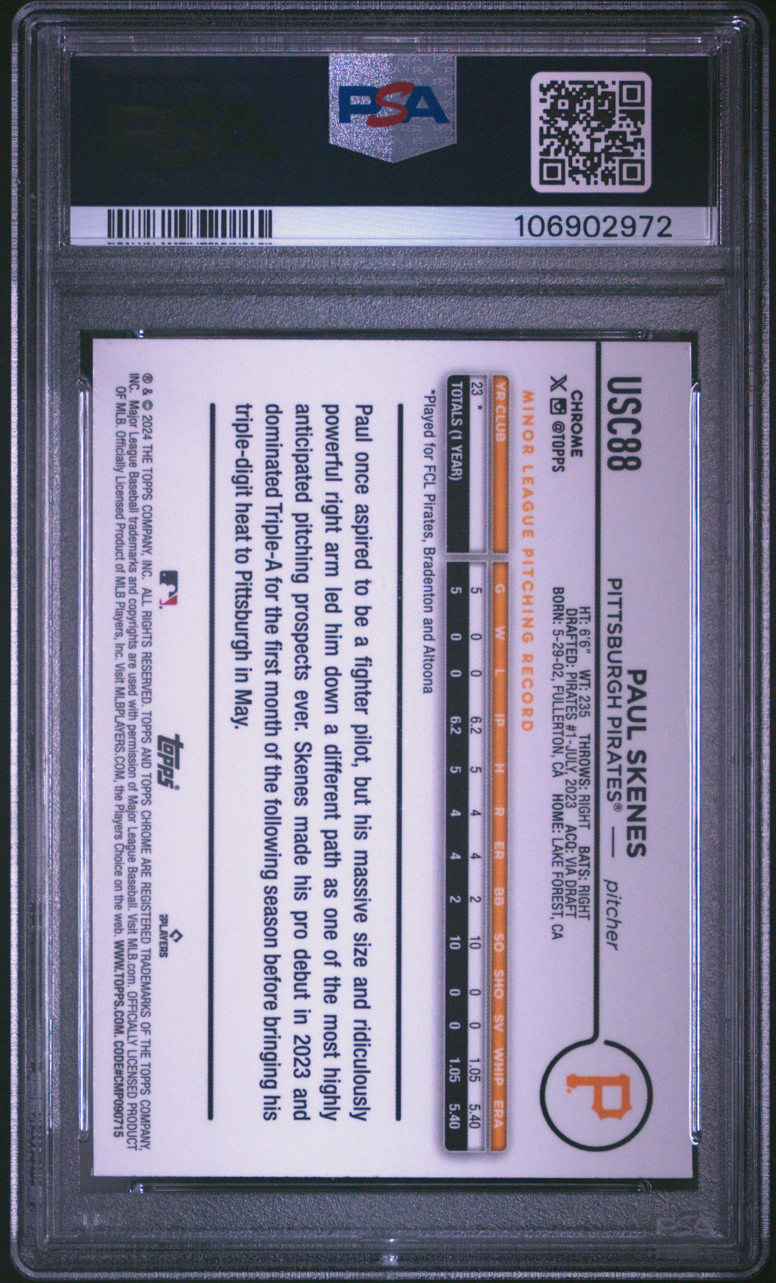 2024 Topps Chrome Update Paul Skenes #Usc88 (X-Fractor) Gem Mt 10 back