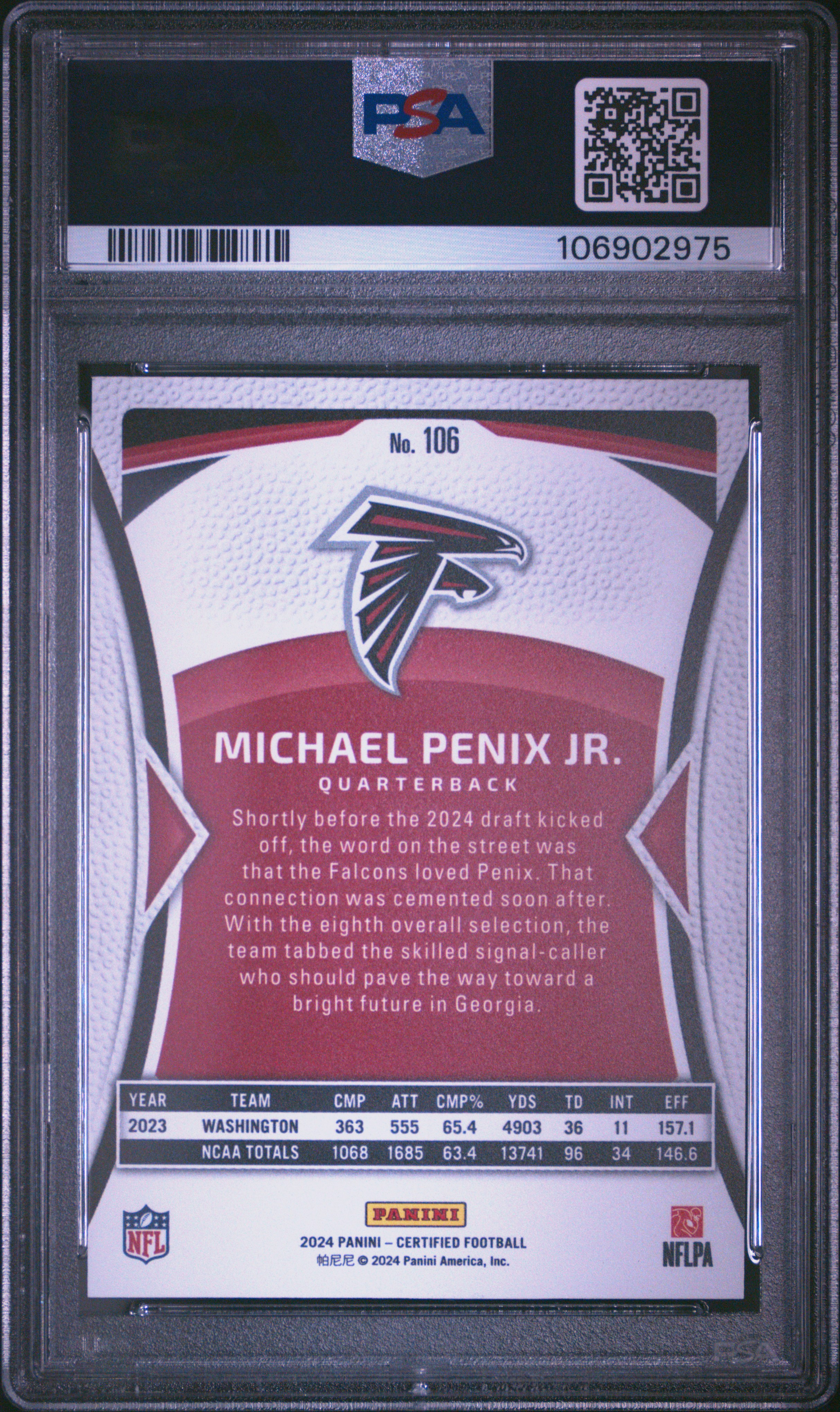 2024 Panini Certified Michael Penix Jr. #106 (Mirror Purple) Gem Mt 10 back