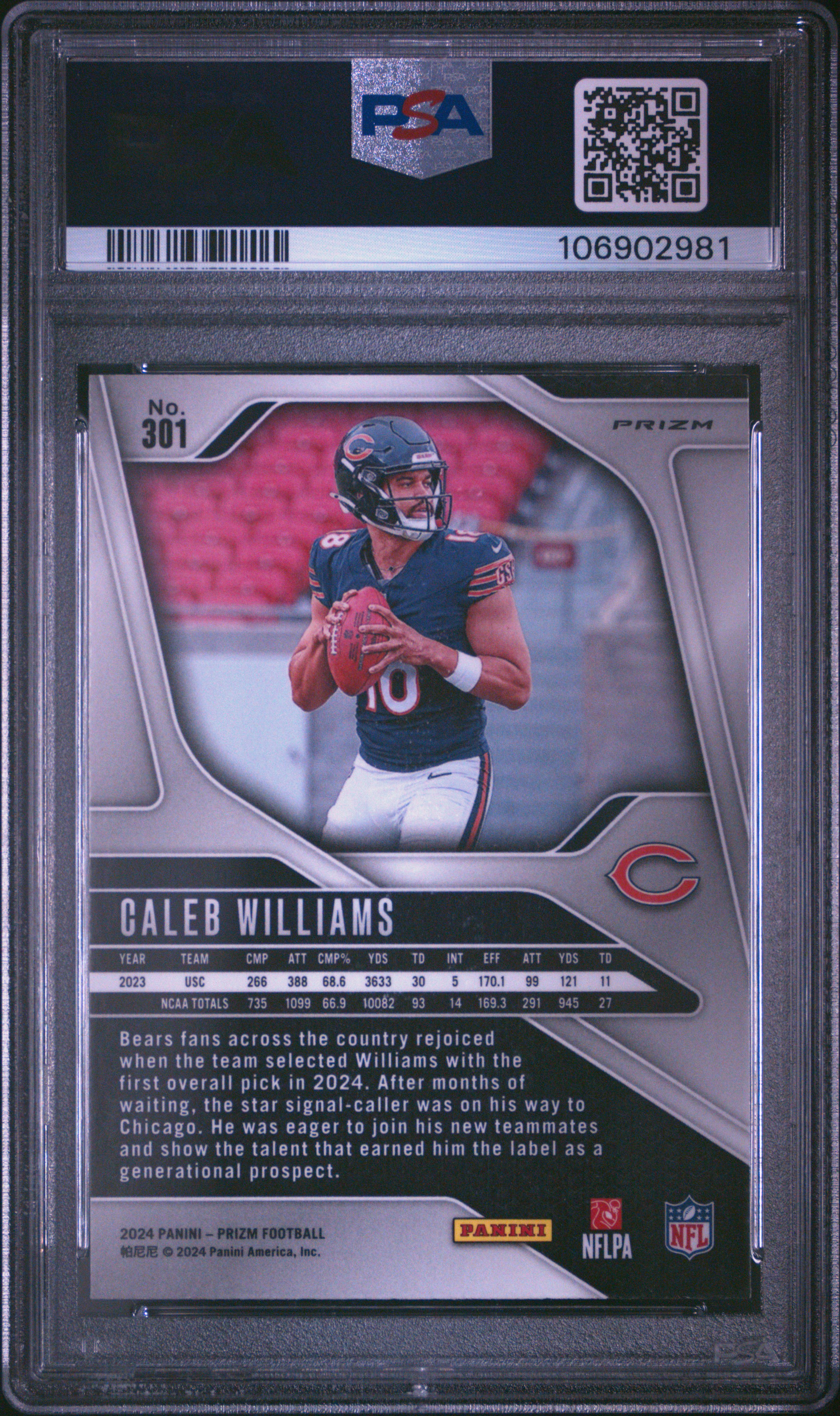 2024 Panini Prizm Caleb Williams #301 (Silver Prizm) Mint 9 back