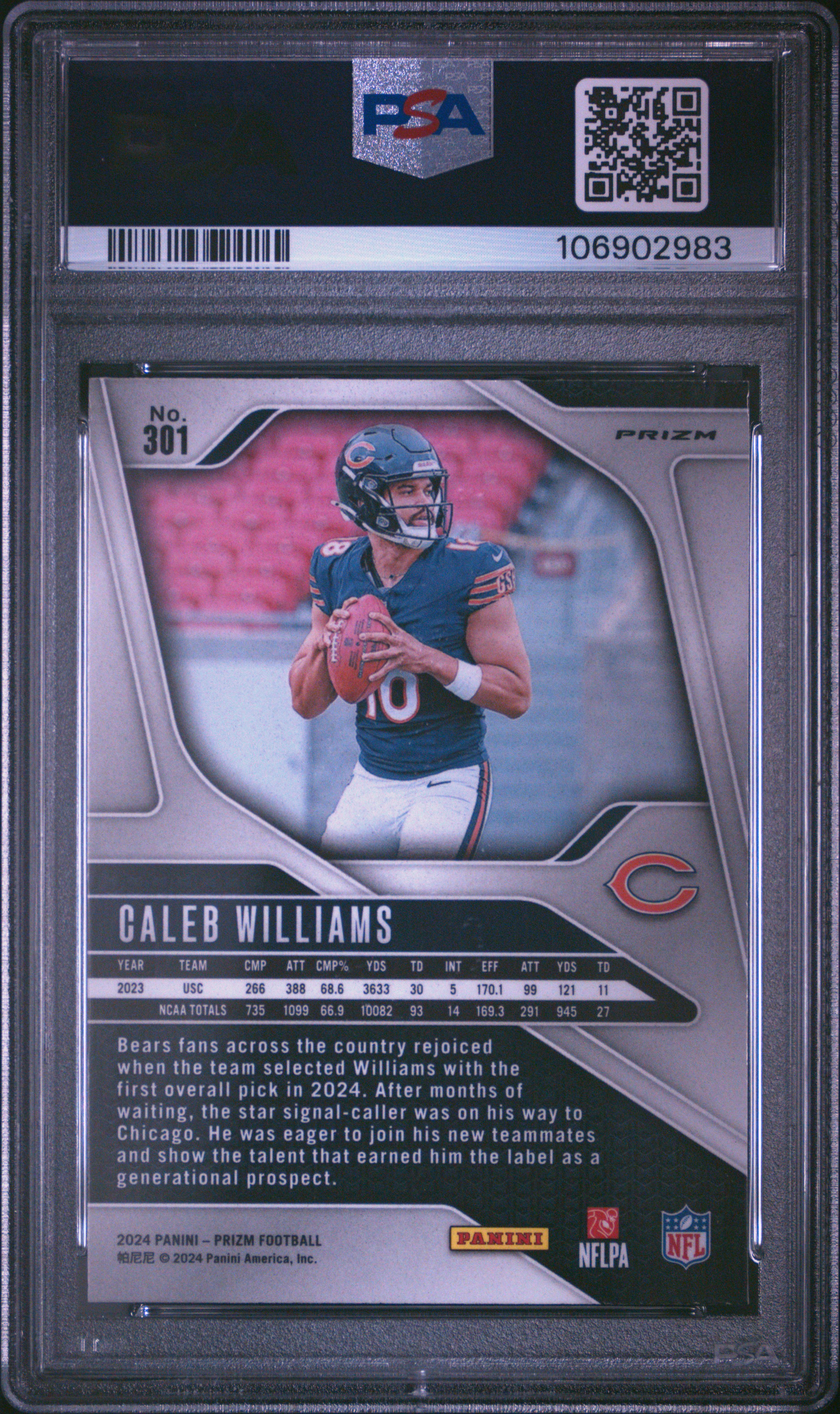 2024 Panini Prizm Caleb Williams #301 (Lazer Prizm) Gem Mt 10 back