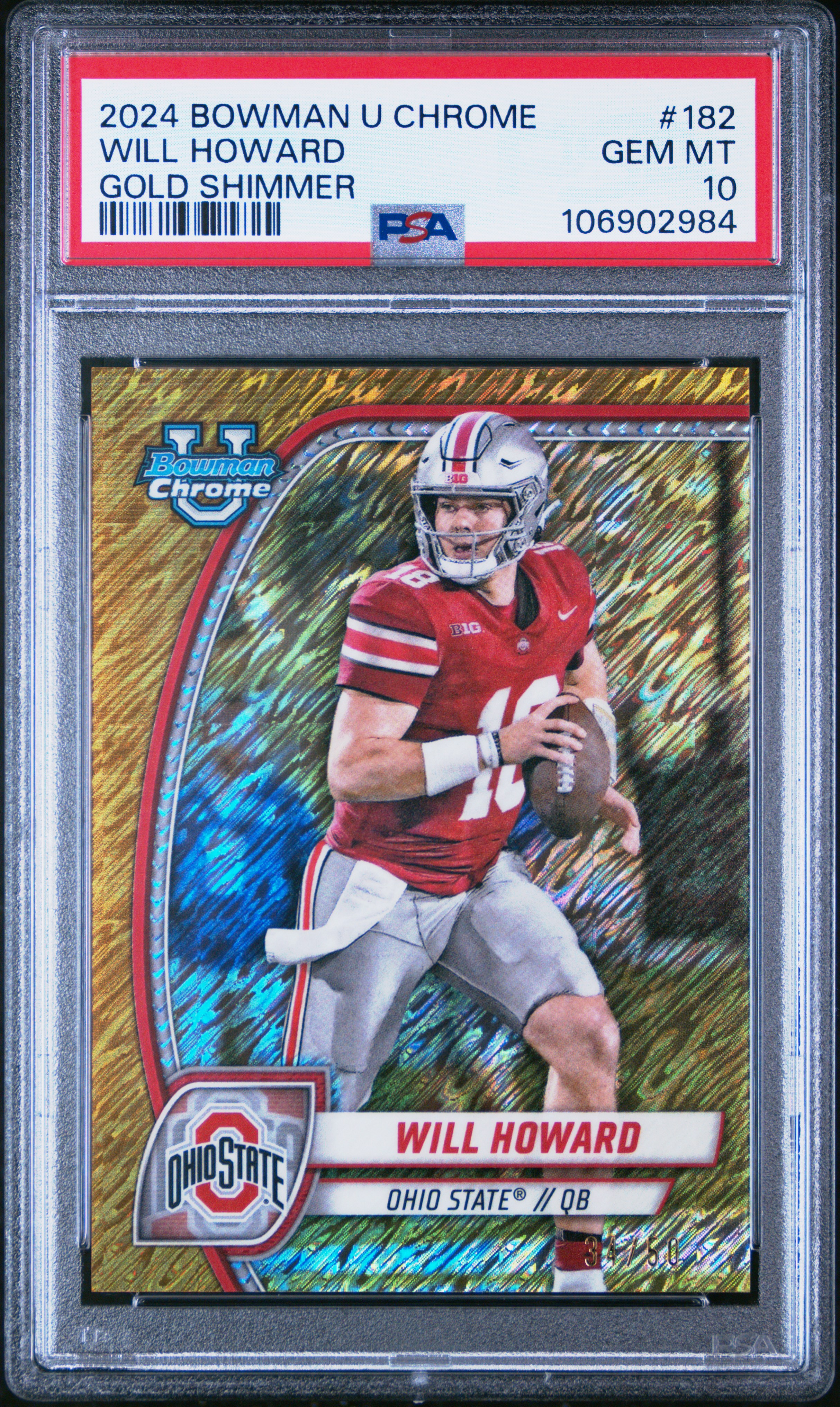 2024 Bowman University Chrome Will Howard #182 (Gold Shimmer) Gem Mt 10 front