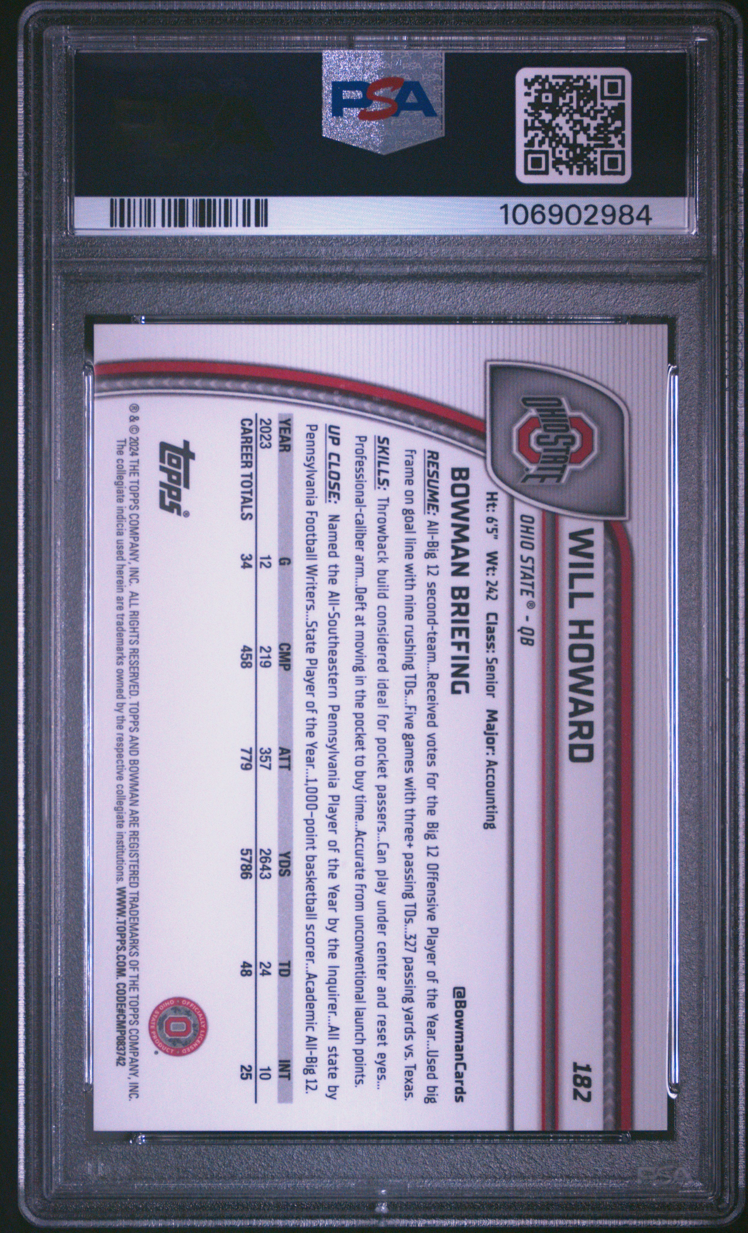 2024 Bowman University Chrome Will Howard #182 (Gold Shimmer) Gem Mt 10 back