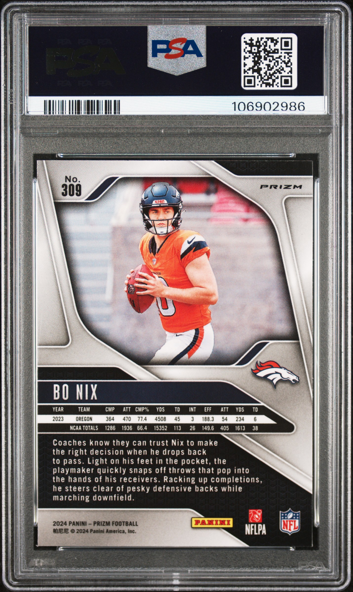 2024 Panini Prizm Bo Nix #309 (Neon Green Pulsar) Gem Mt 10 back
