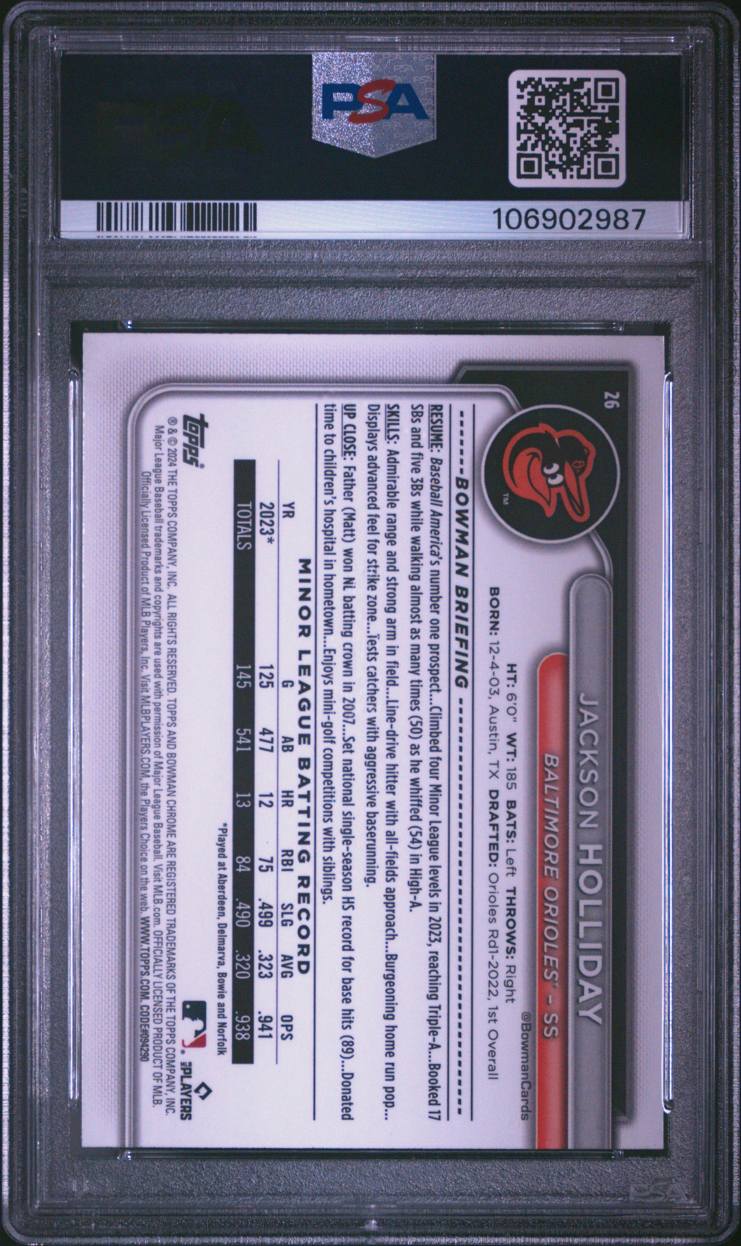 2024 Bowman Chrome Mega Box Jackson Holliday #26 Gem Mt 10 back