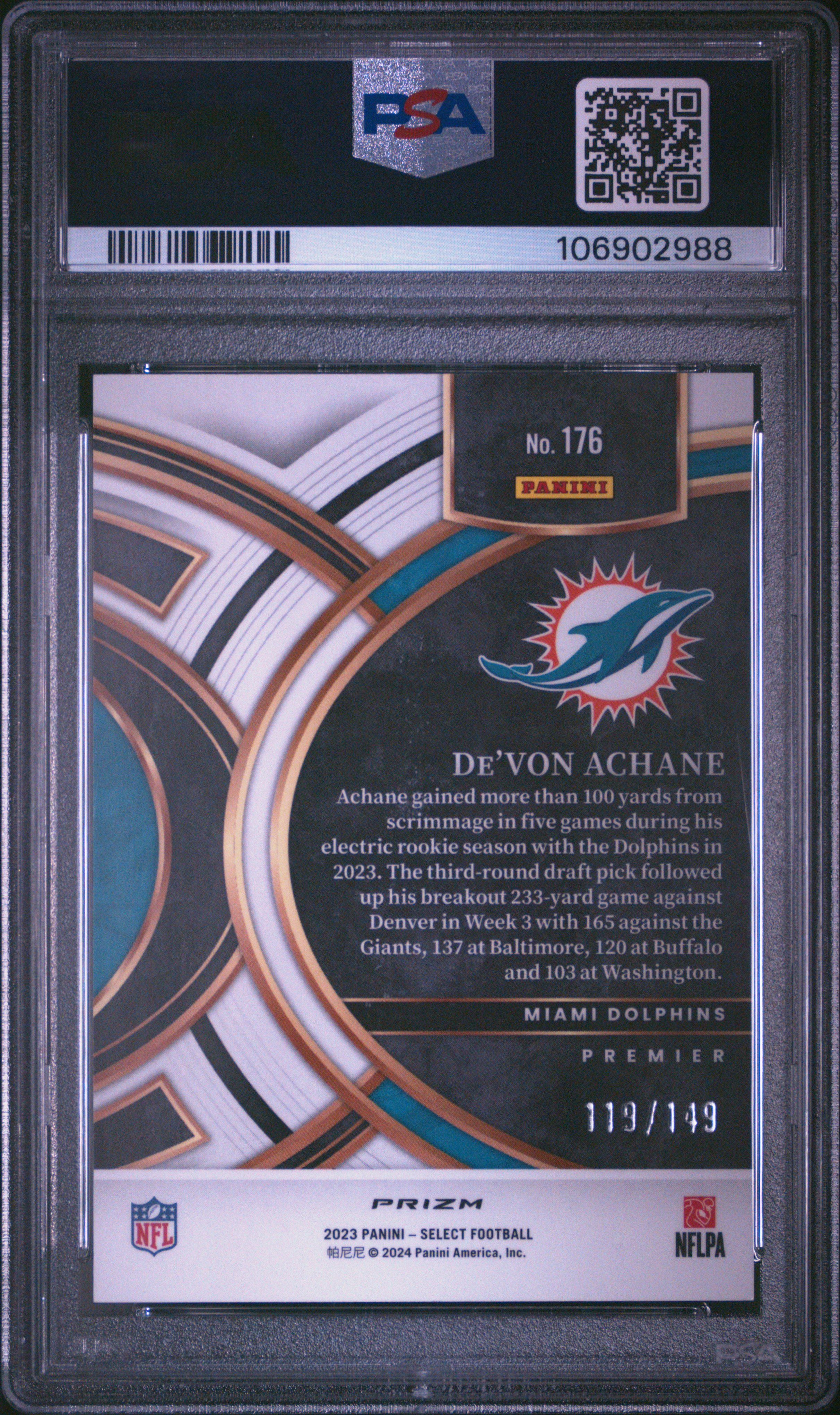 2023 Panini Select De'von Achane #176 (Blue Prizm) Mint 9 back