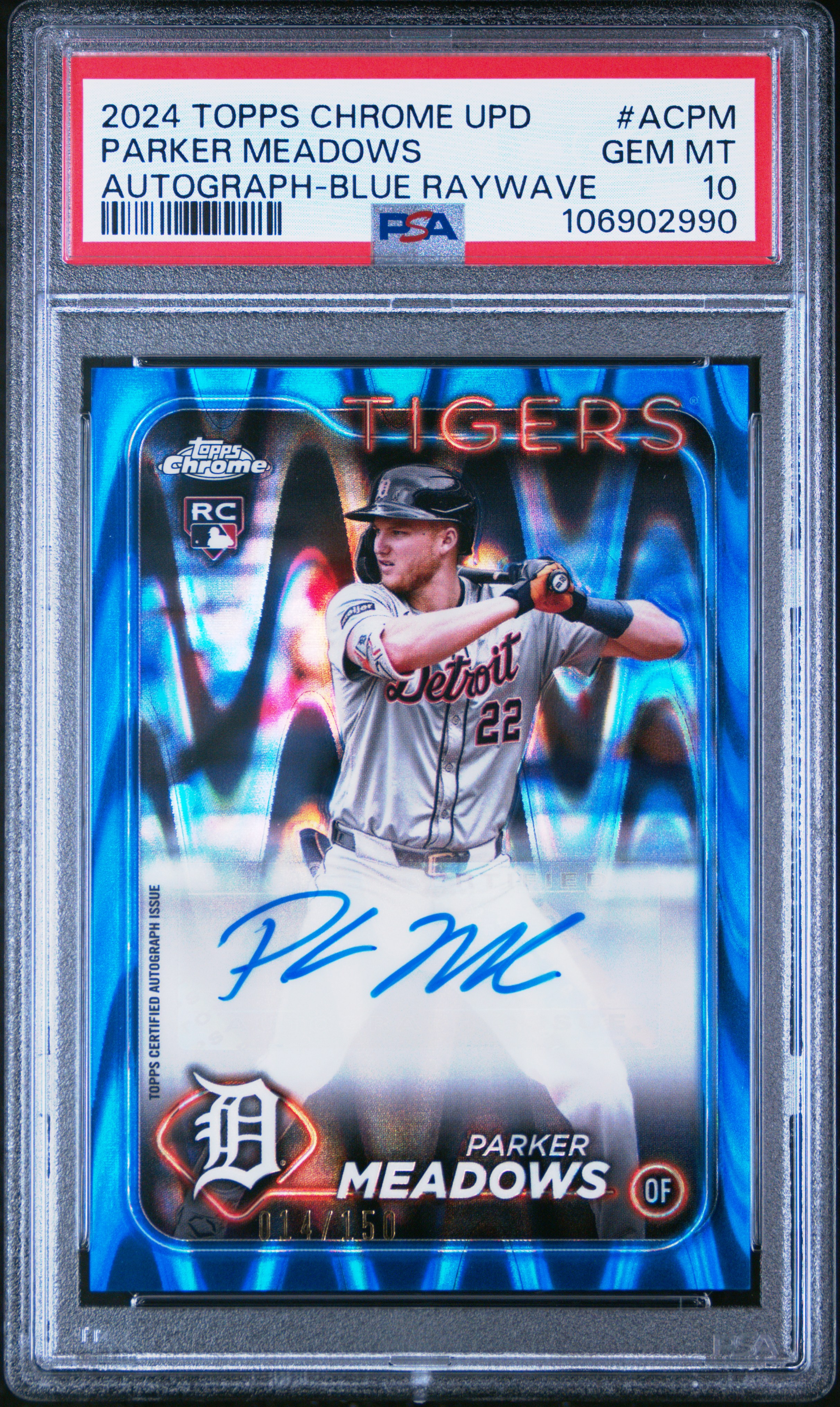 2024 Topps Chrome Update Chrome Baseball Update Series Autographs Parker Meadows #Acpm (Autograph-Blue Raywave) Gem Mt 10 front