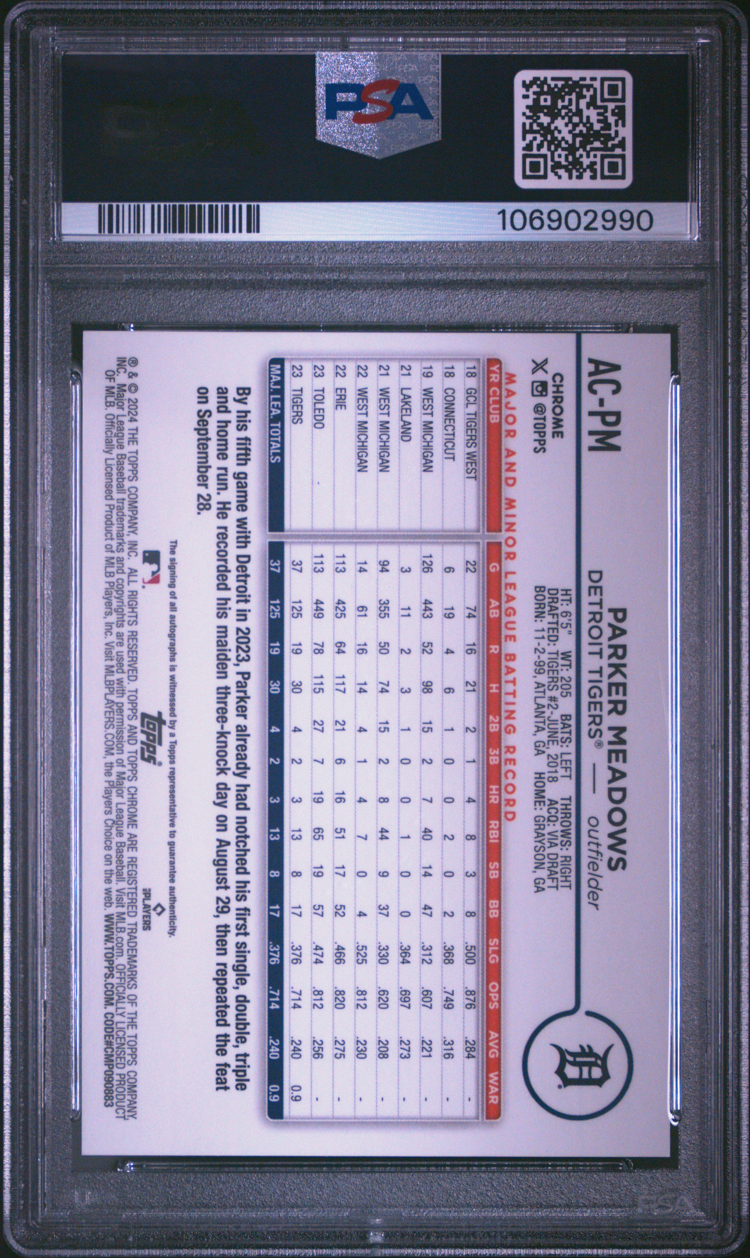 2024 Topps Chrome Update Chrome Baseball Update Series Autographs Parker Meadows #Acpm (Autograph-Blue Raywave) Gem Mt 10 back