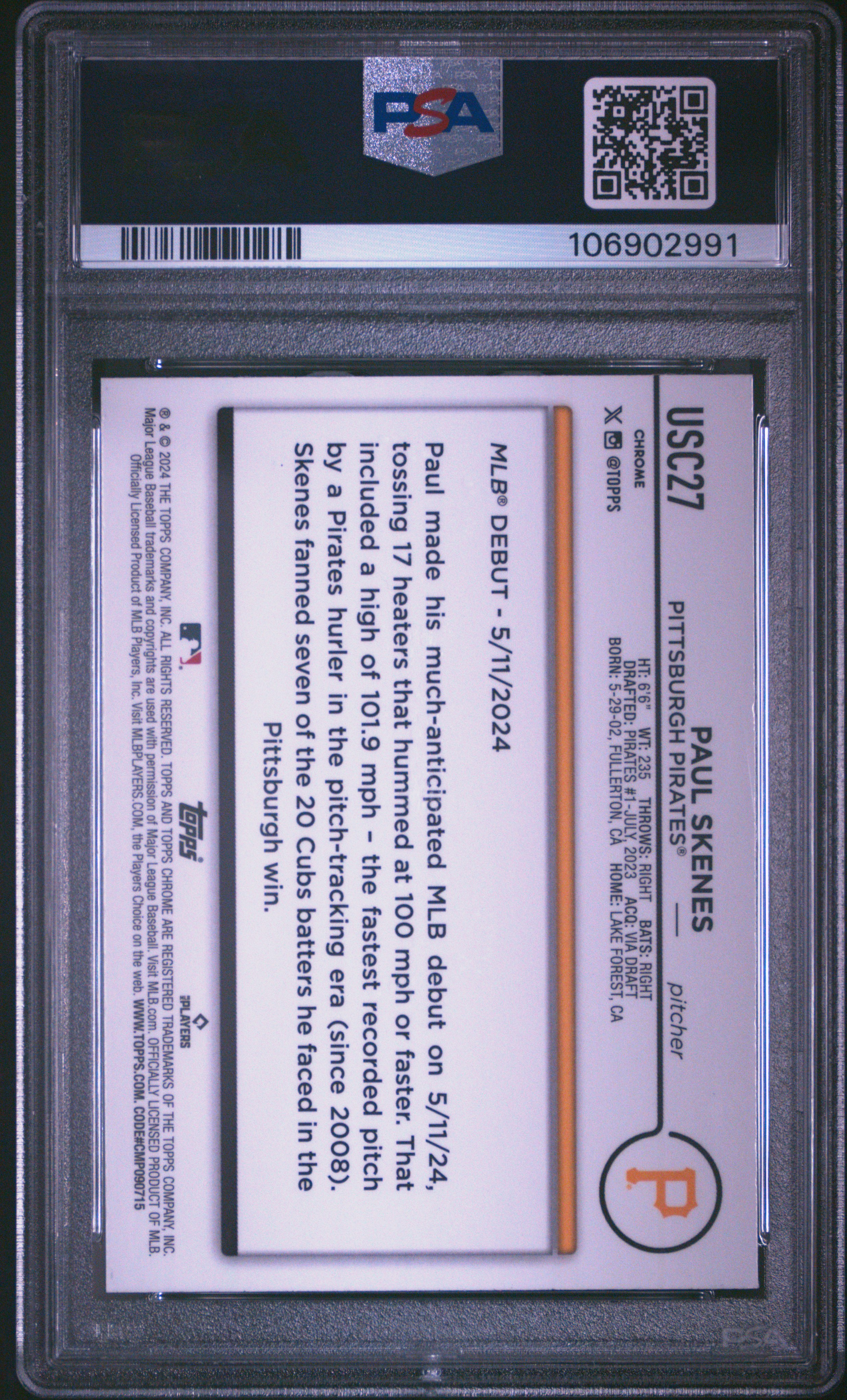 2024 Topps Chrome Update Paul Skenes #Usc27 Gem Mt 10 back