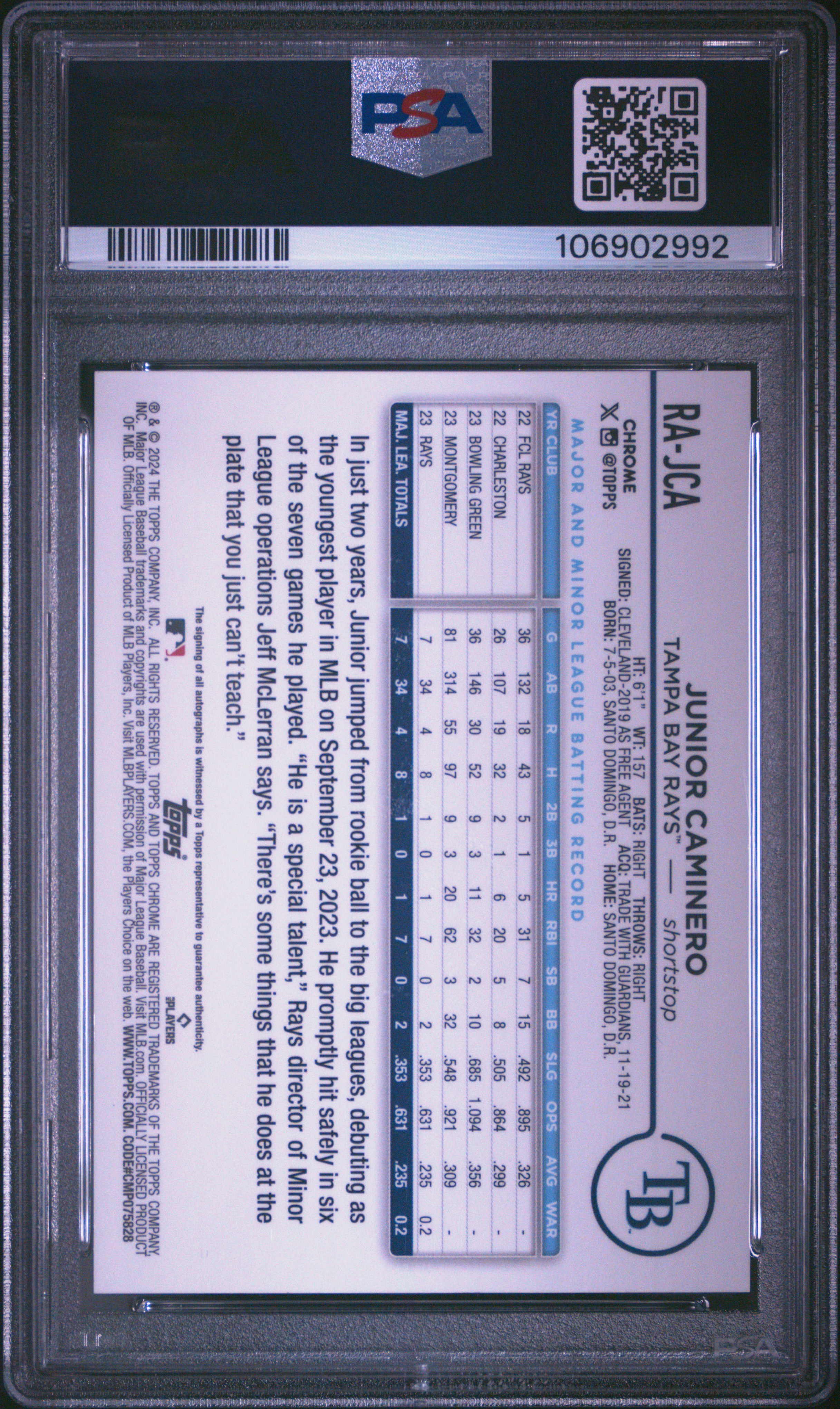 2024 Topps Chrome Rookie Autographs Junior Caminero #Rajca Gem Mt 10 back