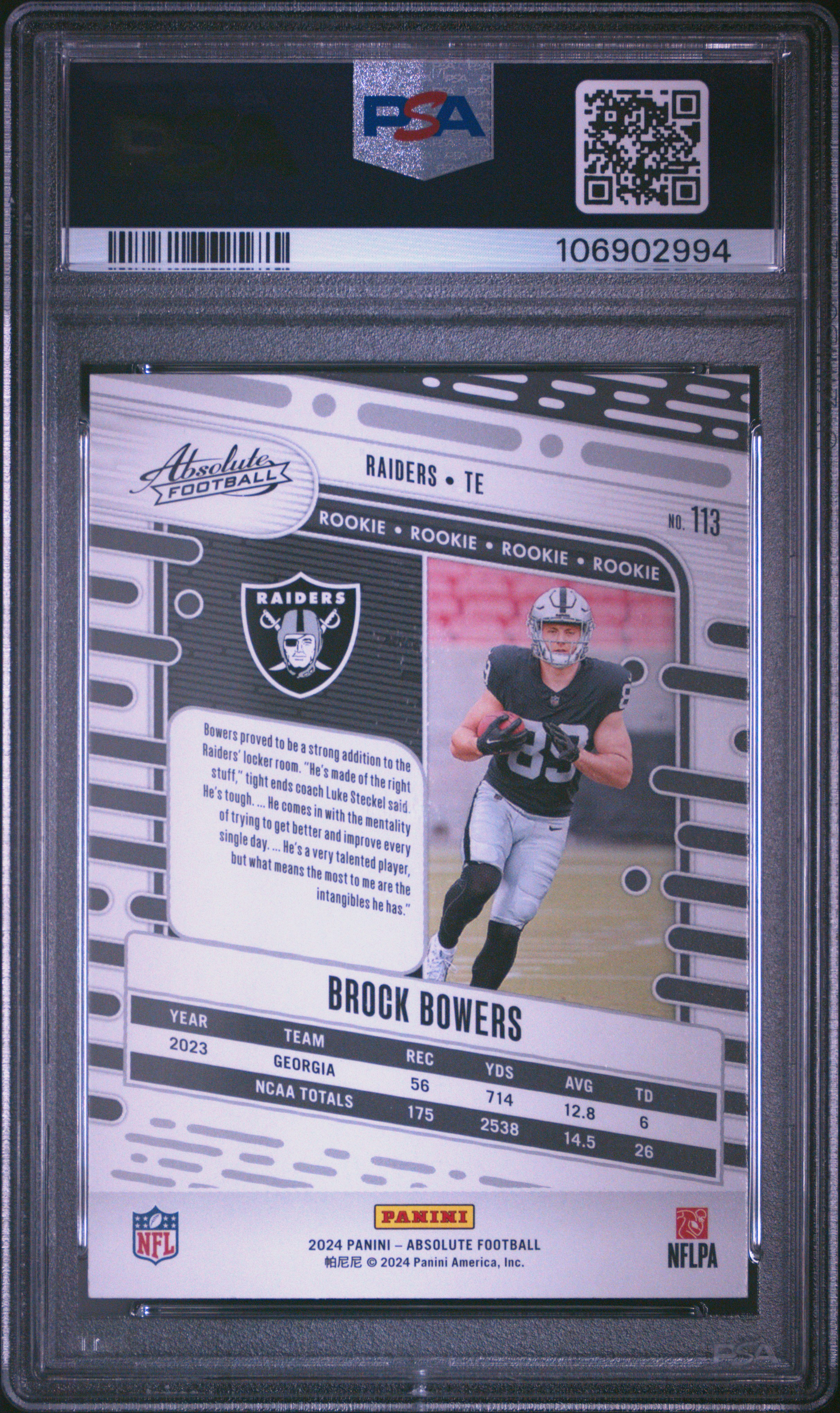2024 Panini Absolute Brock Bowers #113 Gem Mt 10 back