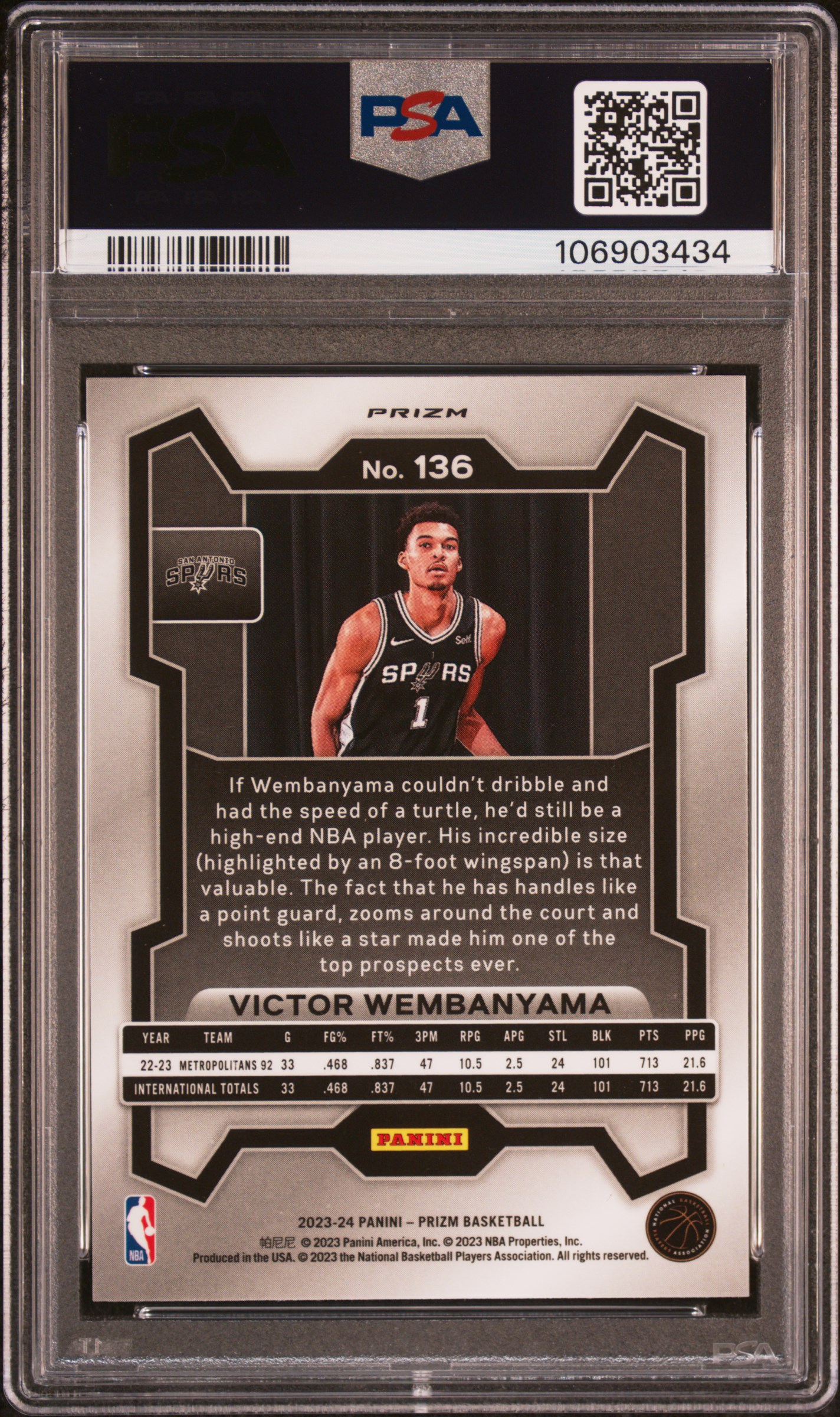 2023 Panini Prizm Victor Wembanyama #136 (Green Prizm) Mint 9 back