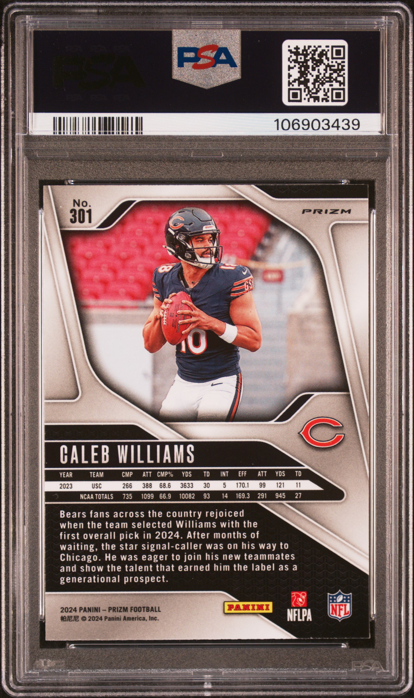 2024 Panini Prizm Caleb Williams #301 (Purple Pulsar) Mint 9 back