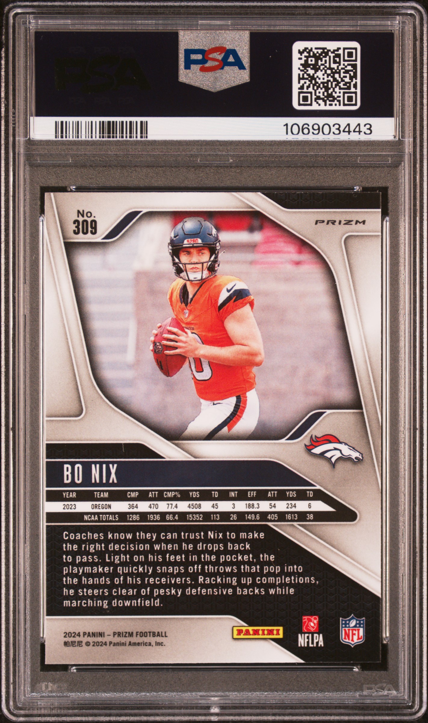 2024 Panini Prizm Bo Nix #309 (Lazer Prizm) Mint 9 back