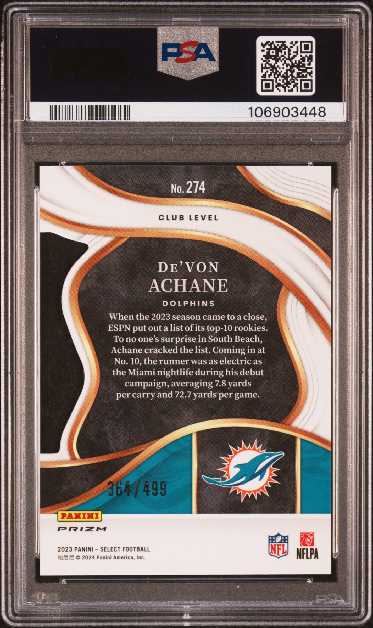 2023 Panini Select De'von Achane #274 (Die-Cut Neon Green Prizm) Gem Mt 10 back