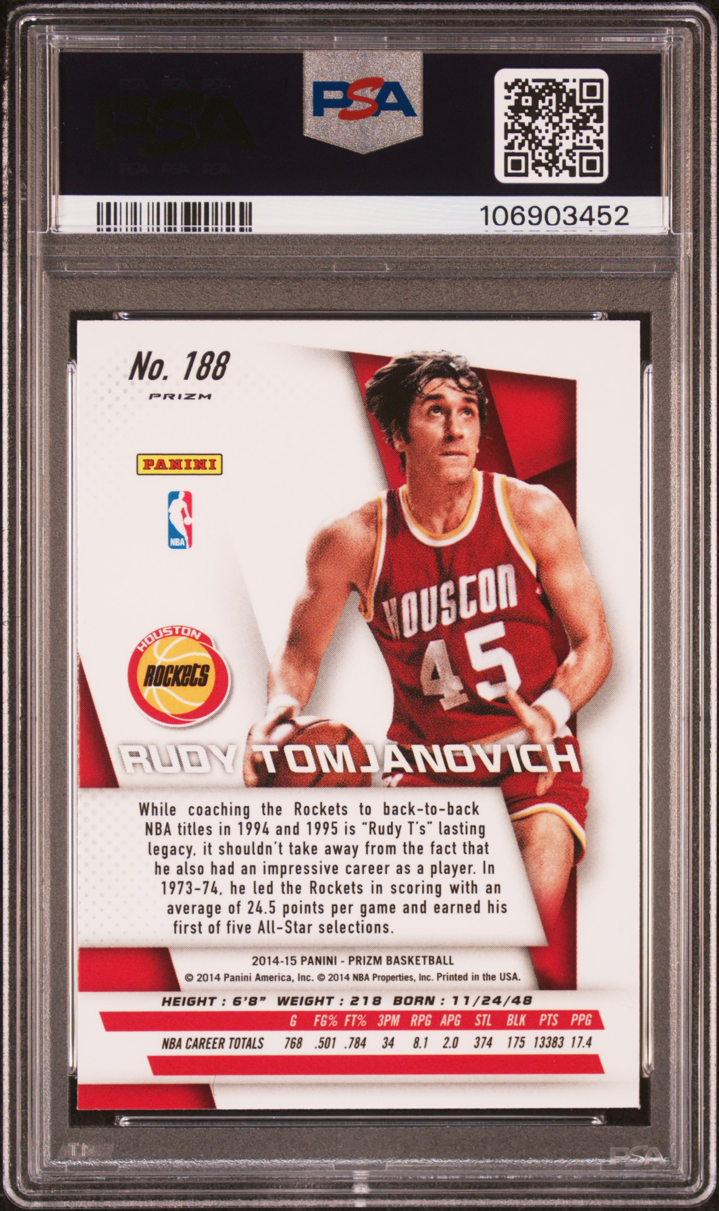 2014 Panini Prizm Rudy Tomjanovich #188 (Blue & Green Mosaic Prizm) Gem Mt 10 back