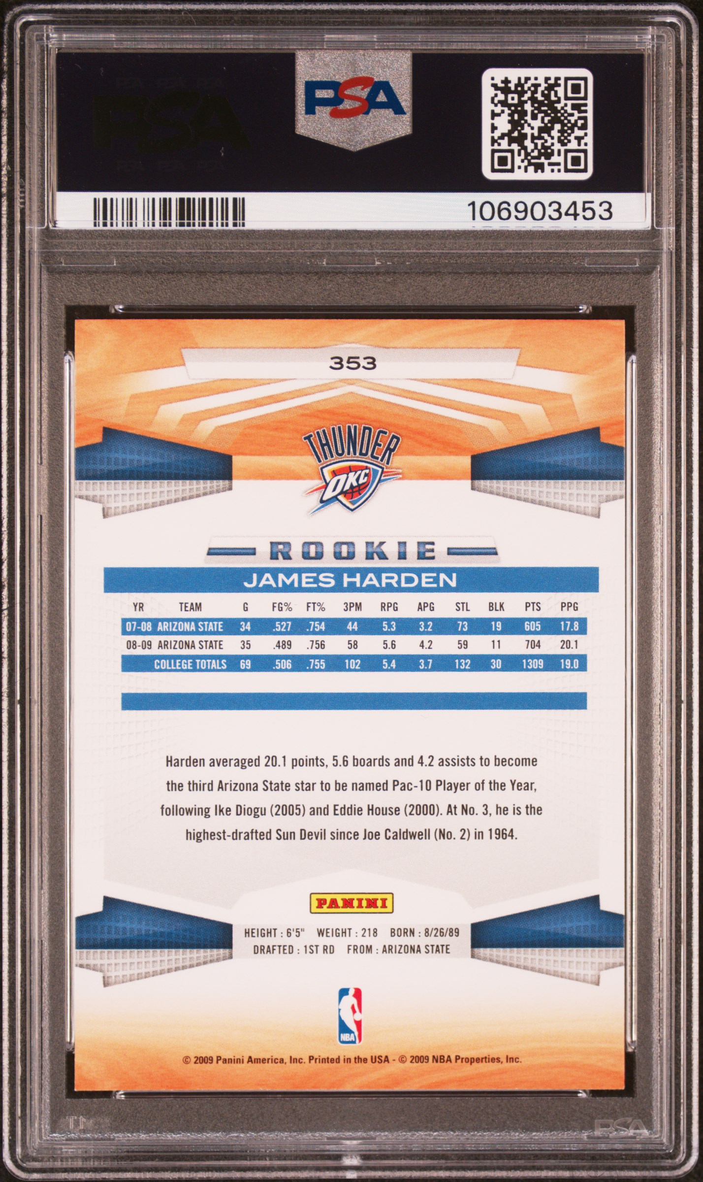 2009 Panini James Harden #353 Mint 9 back