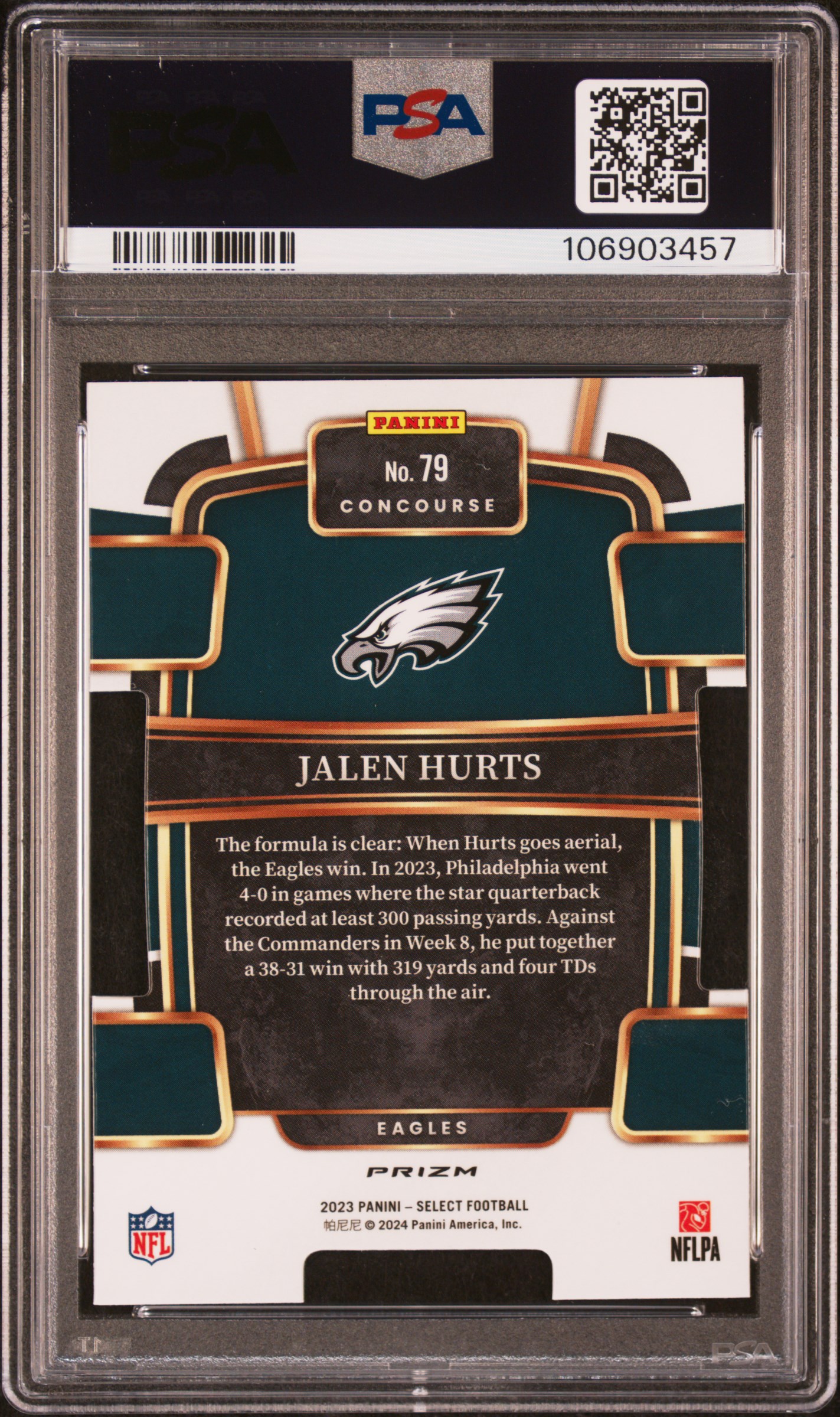 2023 Panini Select Jalen Hurts #79 (Die-Cut Black & Green Prizm) Gem Mt 10 back