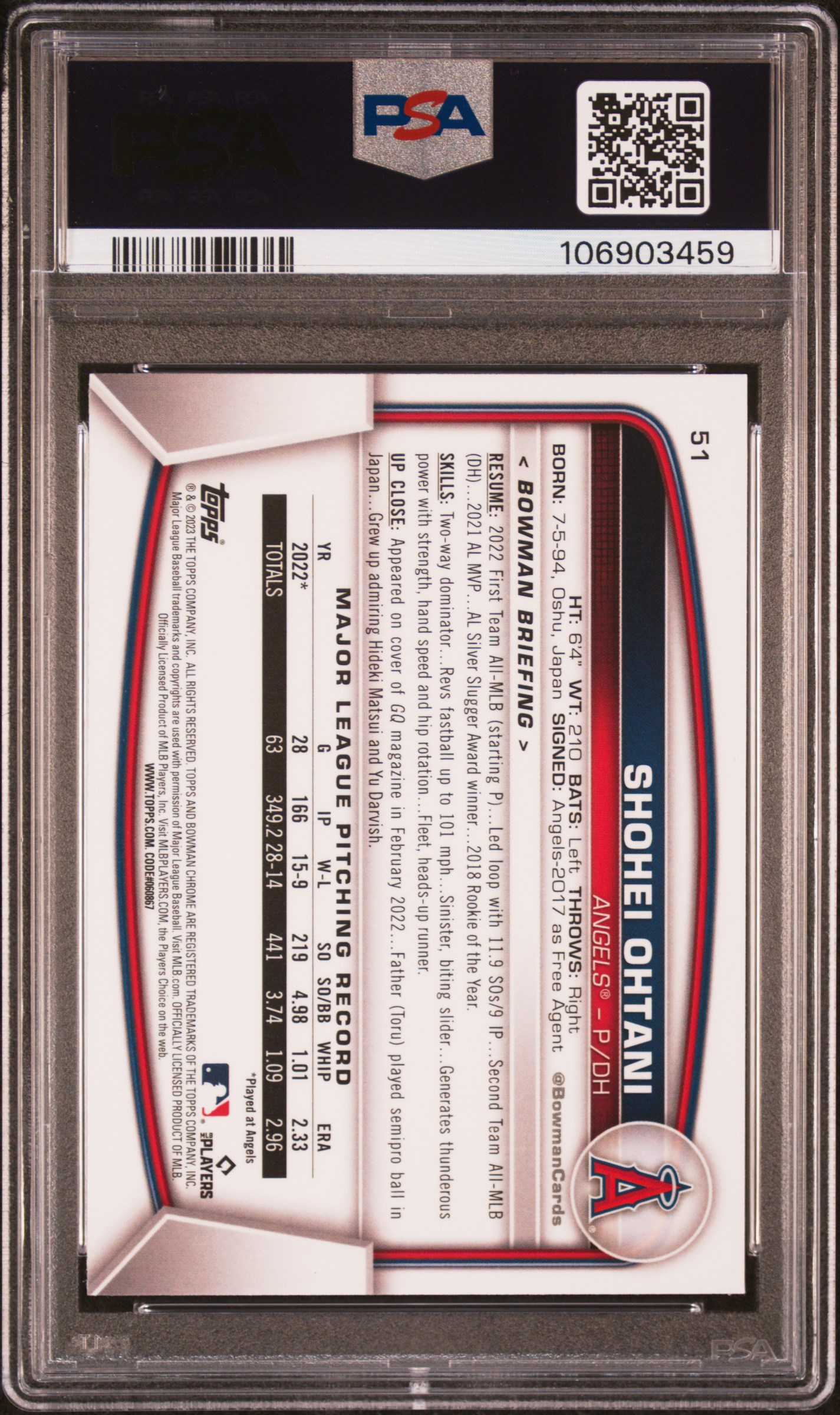 2023 Bowman Mega Box Chrome Shohei Ohtani #51 (Chrome) Gem Mt 10 back