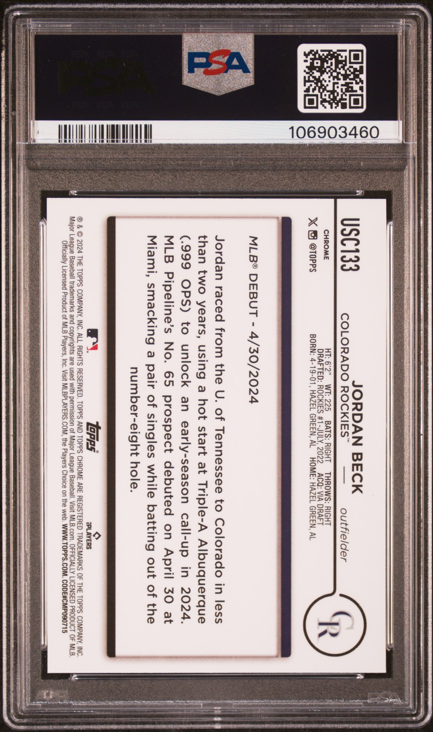 2024 Topps Chrome Update Jordan Beck #Usc133 (X-Fractor) Gem Mt 10 back