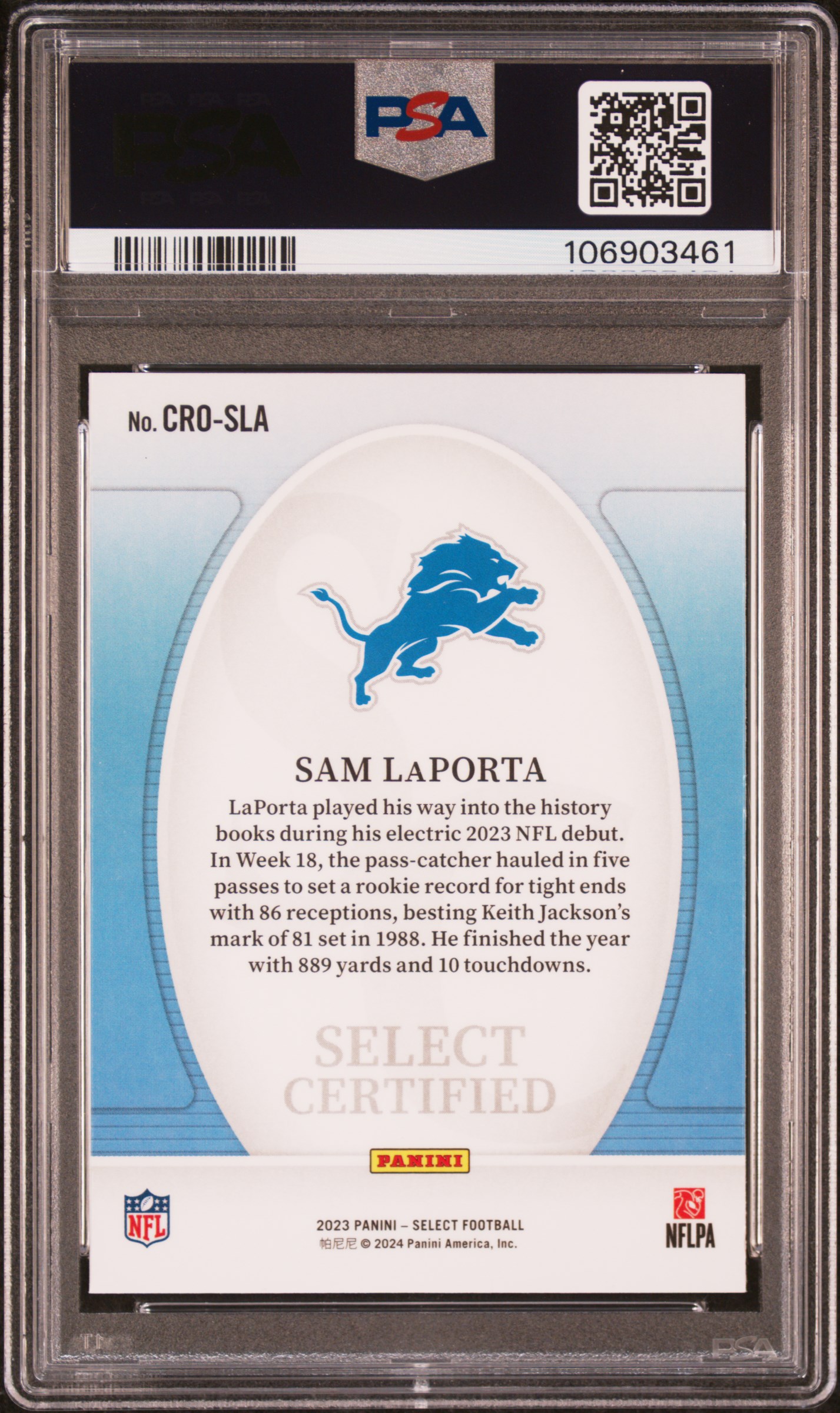 2023 Panini Select Select Certified Rookies Sam Laporta #Crosla Mint 9 back