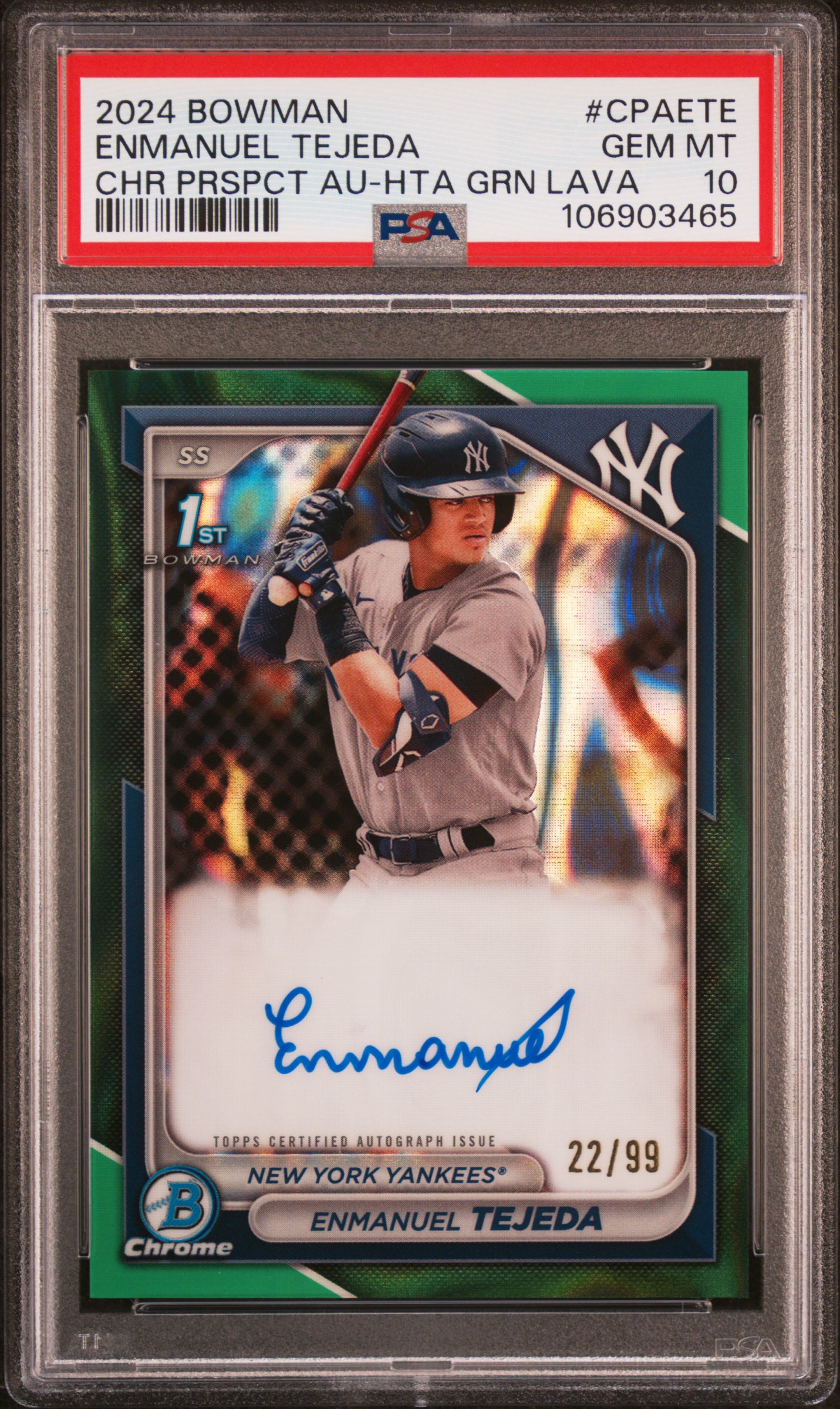 2024 Bowman Chrome Prospect Autographs Enmanuel Tejeda #Cpaete (Chr Prspct Au-Hta Grn Lava) Gem Mt 10 front