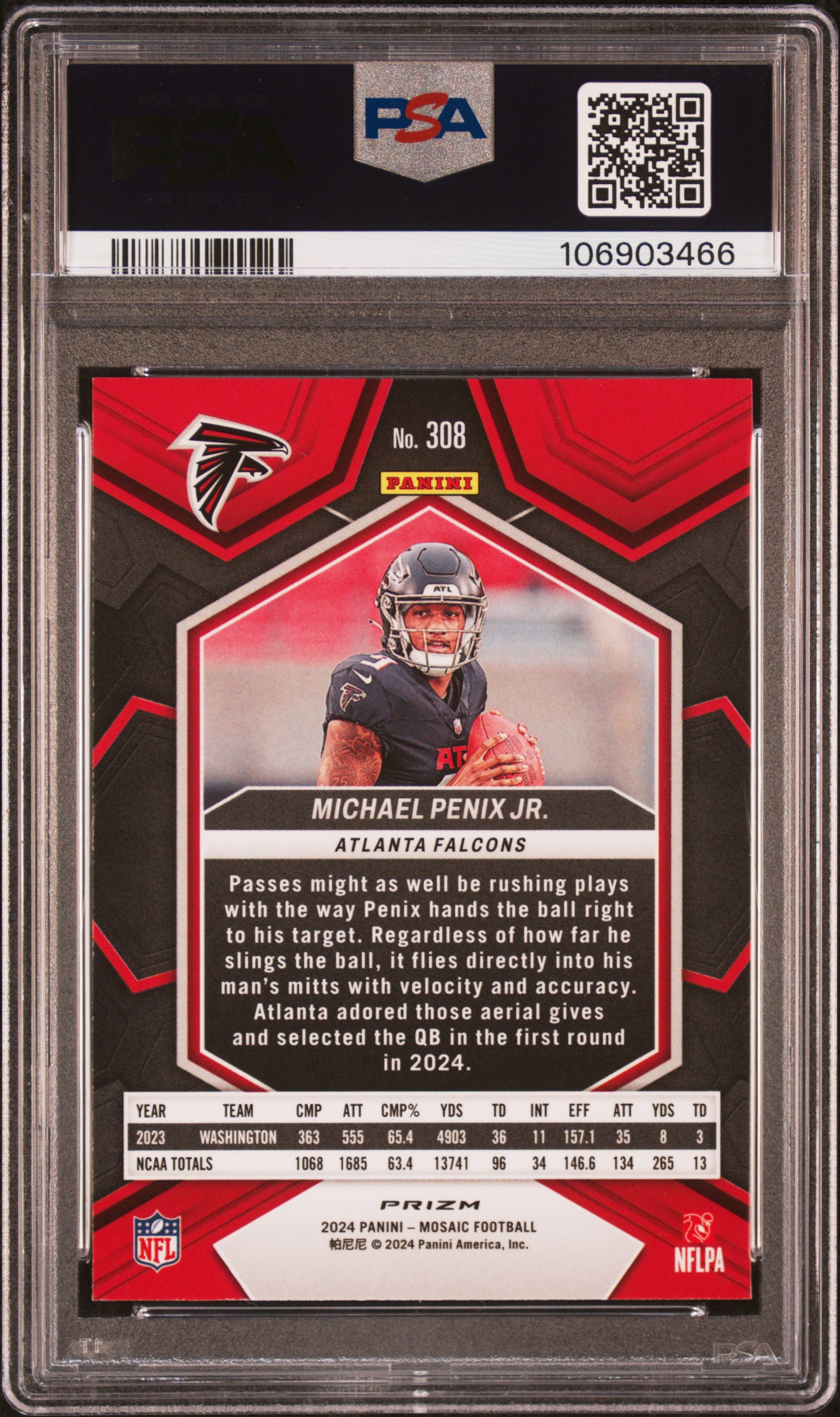2024 Panini Mosaic Michael Penix Jr. #308 (Camo Red) Gem Mt 10 back