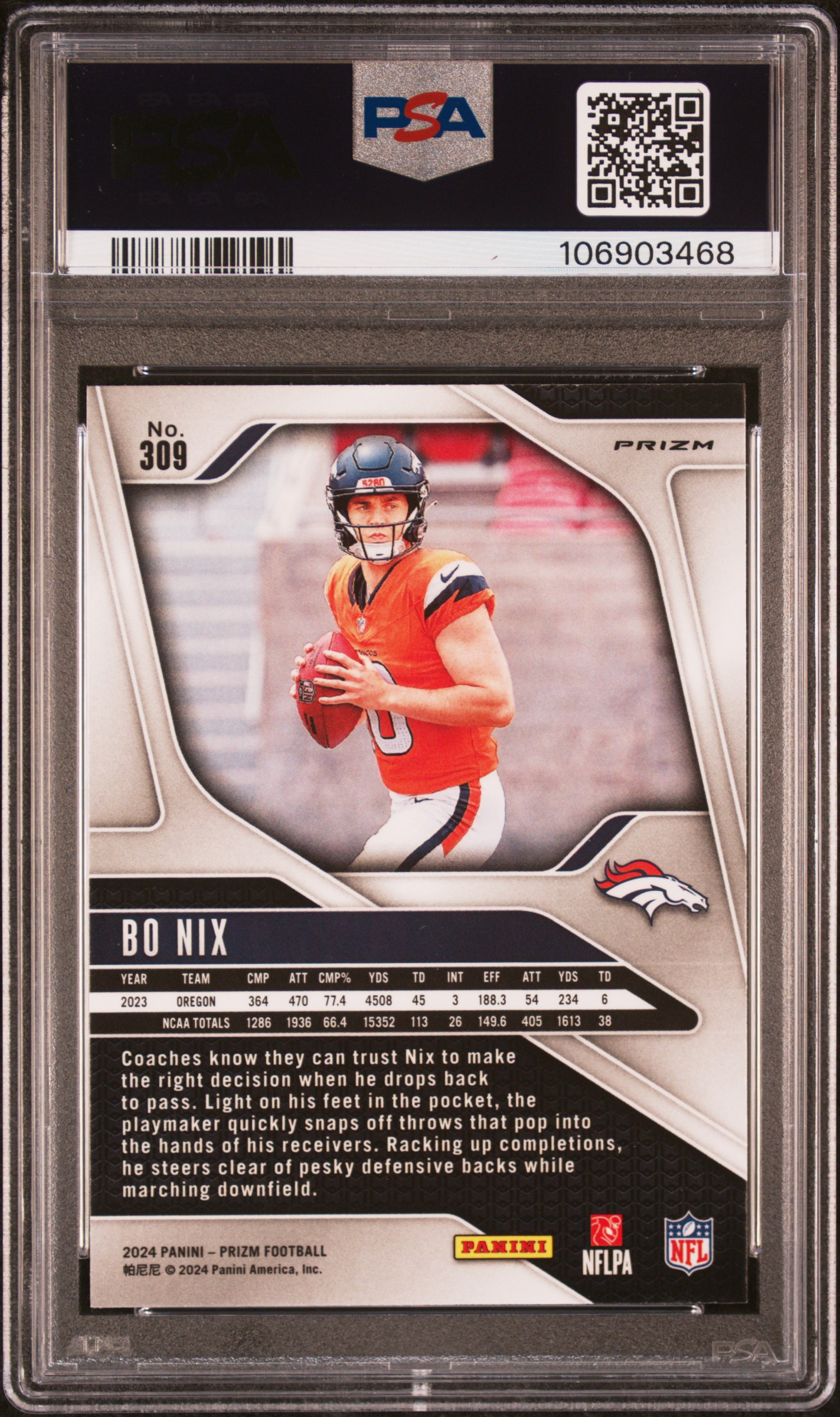 2024 Panini Prizm Bo Nix #309 (Disco Prizm) Gem Mt 10 back