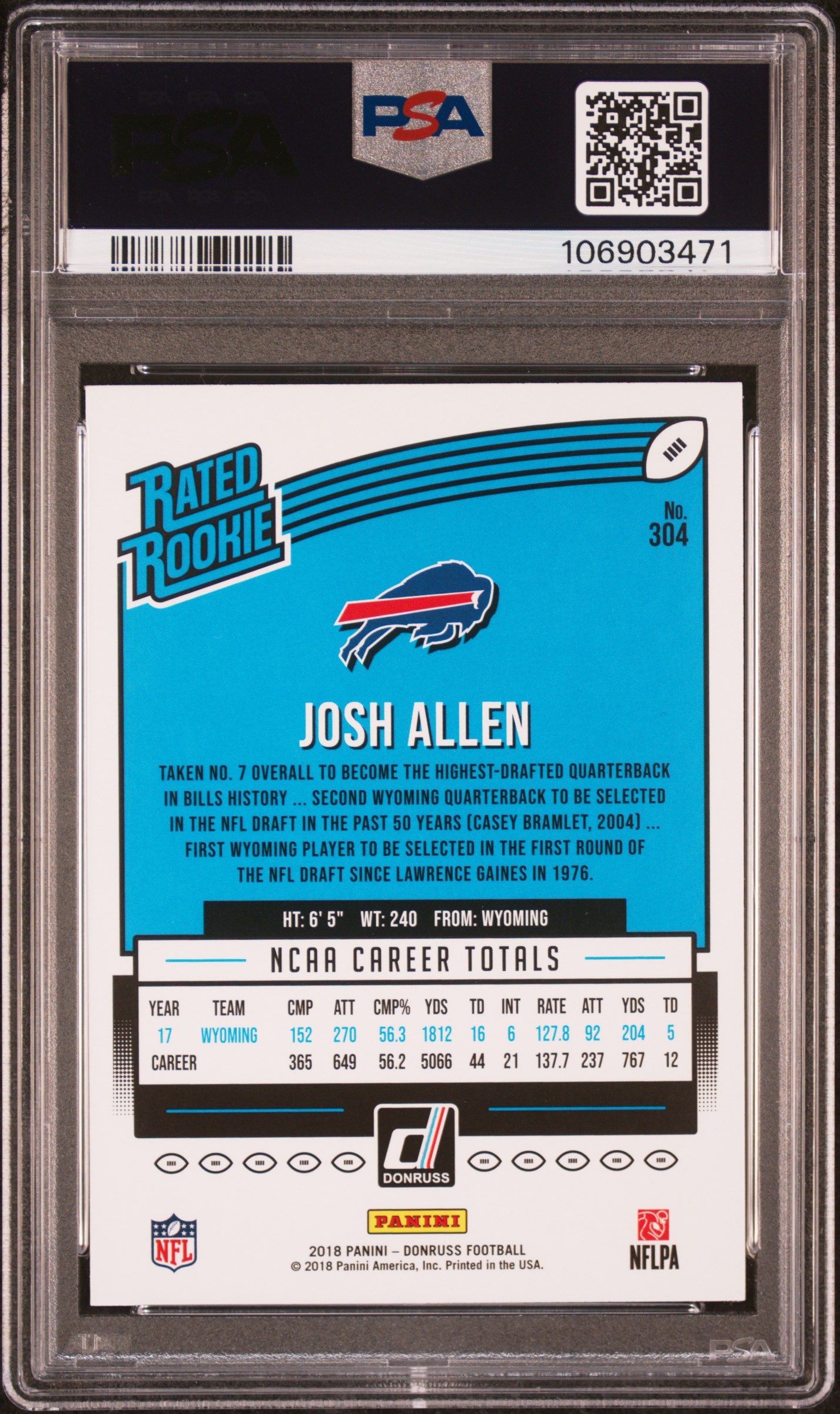 2018 Panini Donruss Josh Allen #304 Gem Mt 10 back