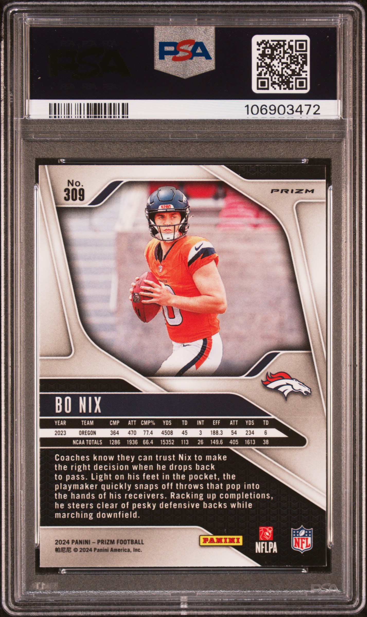 2024 Panini Prizm Bo Nix #309 (Silver Prizm) Mint 9 front