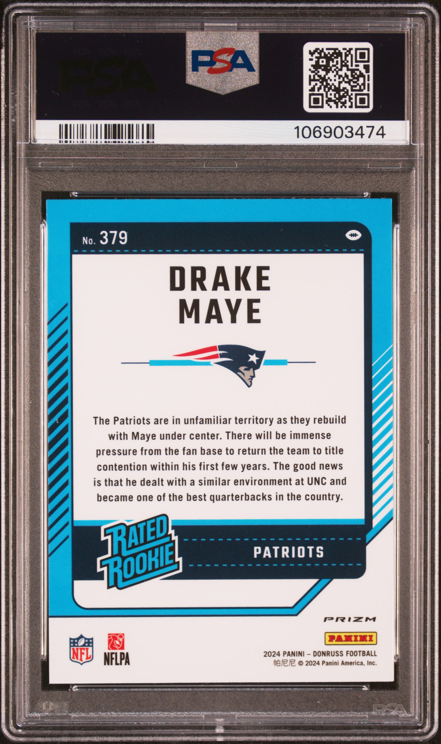 2024 Panini Donruss Drake Maye #379 (Optic Preview-Red Pandora) Gem Mt 10 back