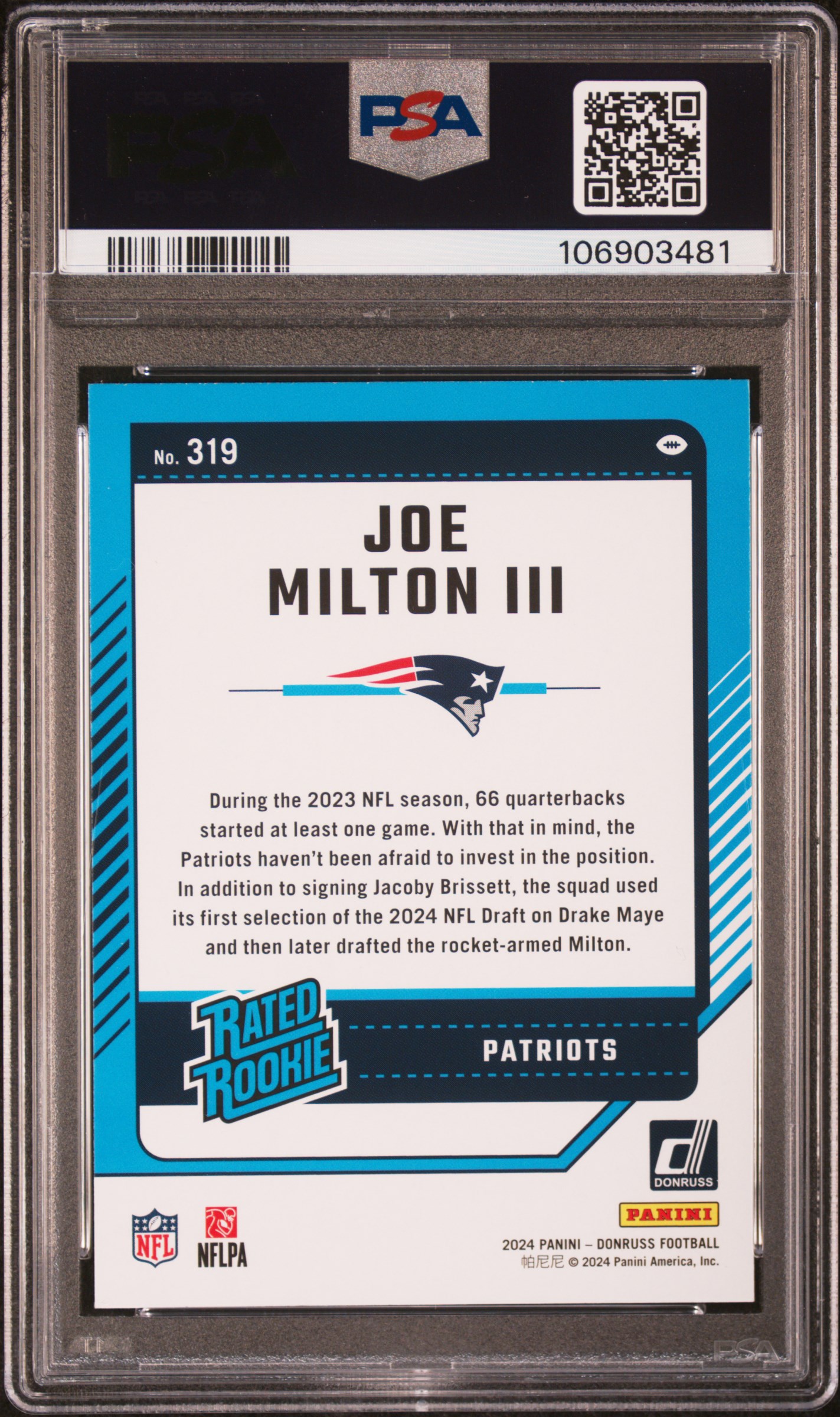 2024 Panini Donruss Joe Milton Iii #319 Gem Mt 10 back